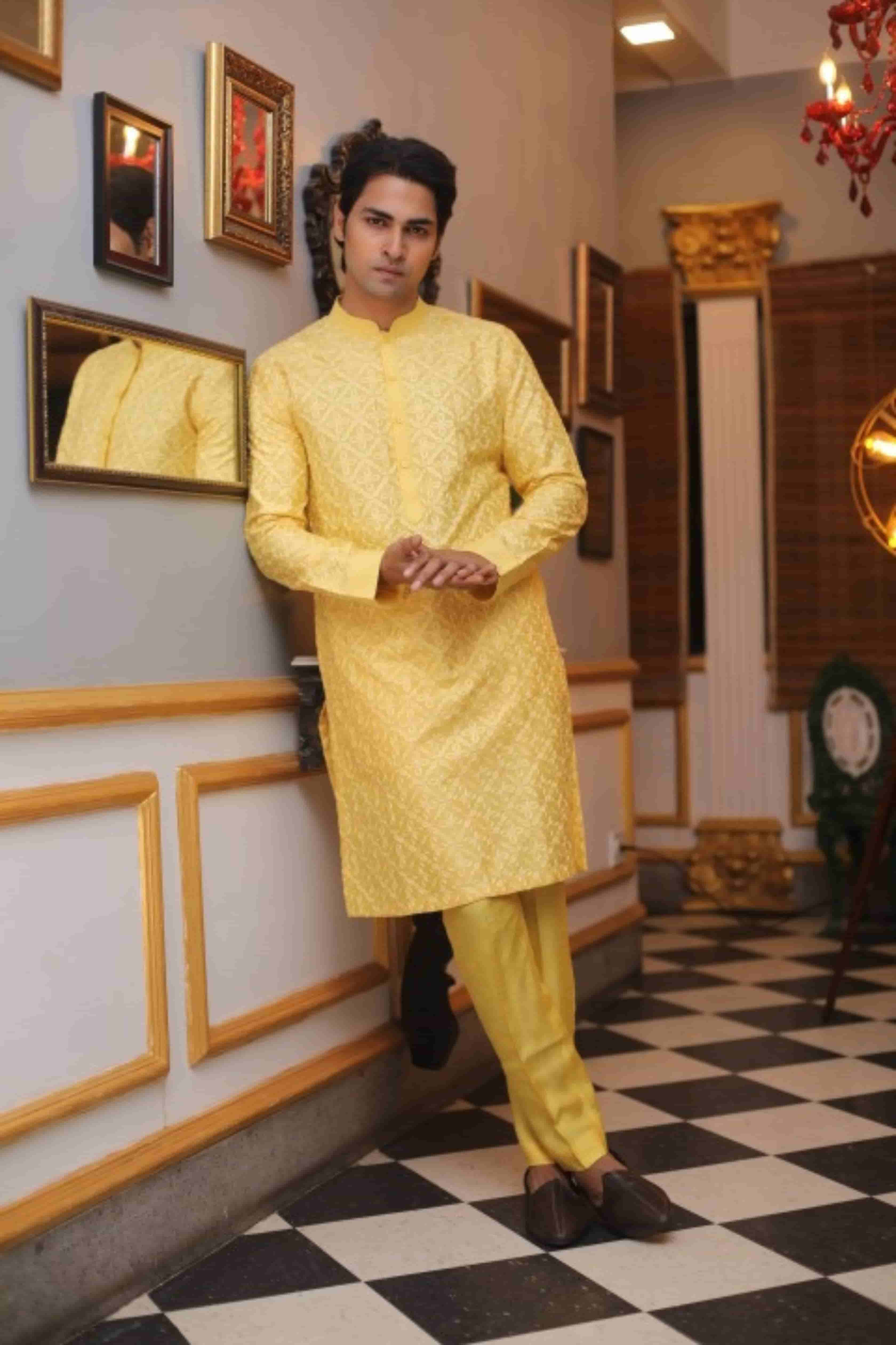 Yellow Katan Silk Embroidered Kurta Set