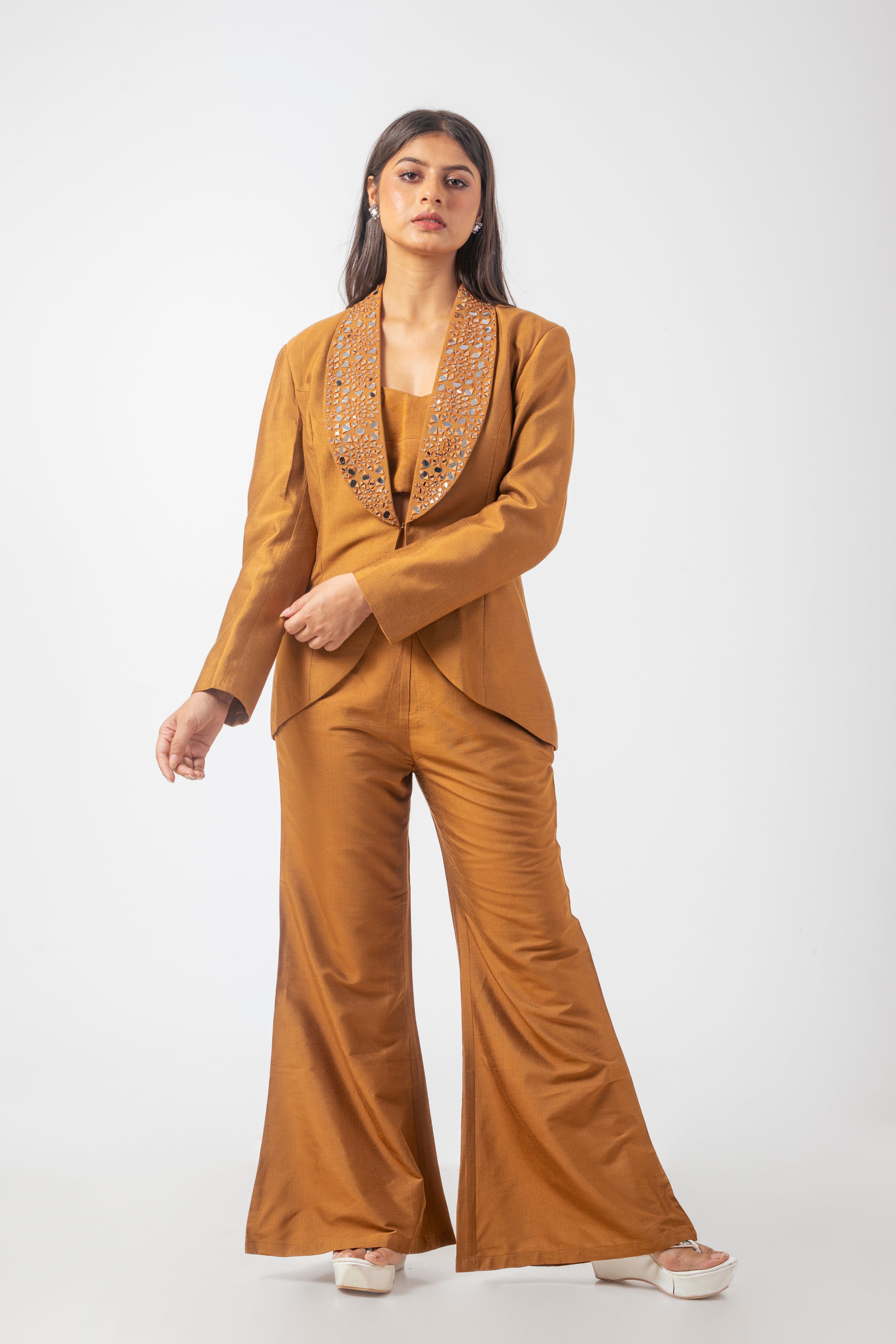 Rust Gold Pure Katan Silk Blazer Trouser Co ord Set with Mirror Work