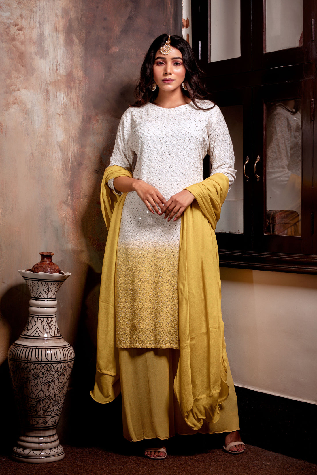 Ombre Yellow Embroidered Kurta Set