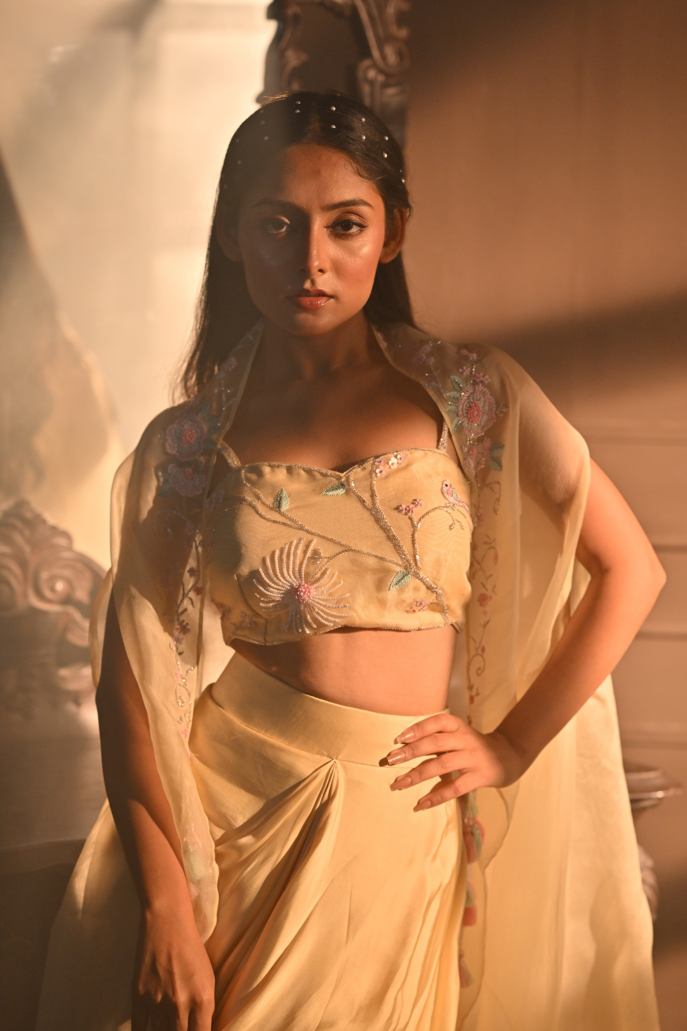 PASTEL YELLOW DHOTI WITH BUSTIER AND SHRUG (Customize Request)