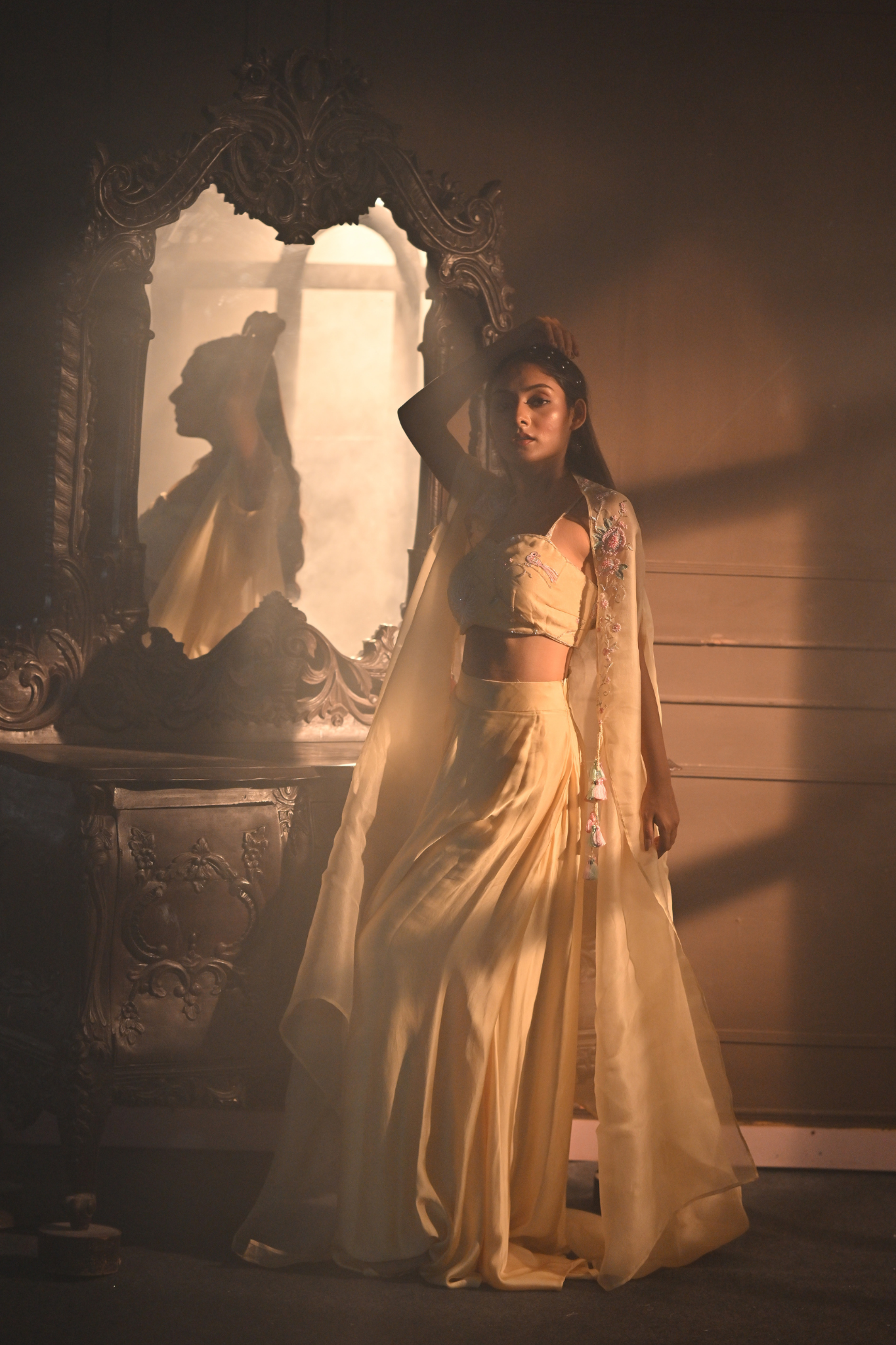 PASTEL YELLOW DHOTI WITH BUSTIER AND SHRUG (Customize Request)