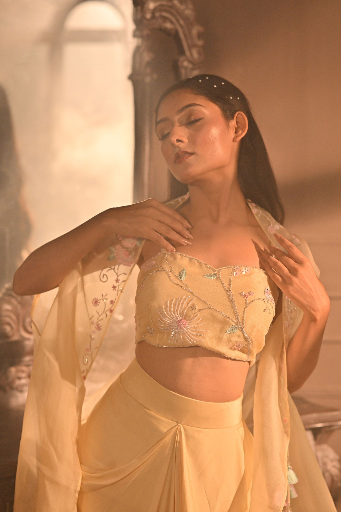 PASTEL YELLOW DHOTI WITH BUSTIER AND SHRUG (Customize Request)