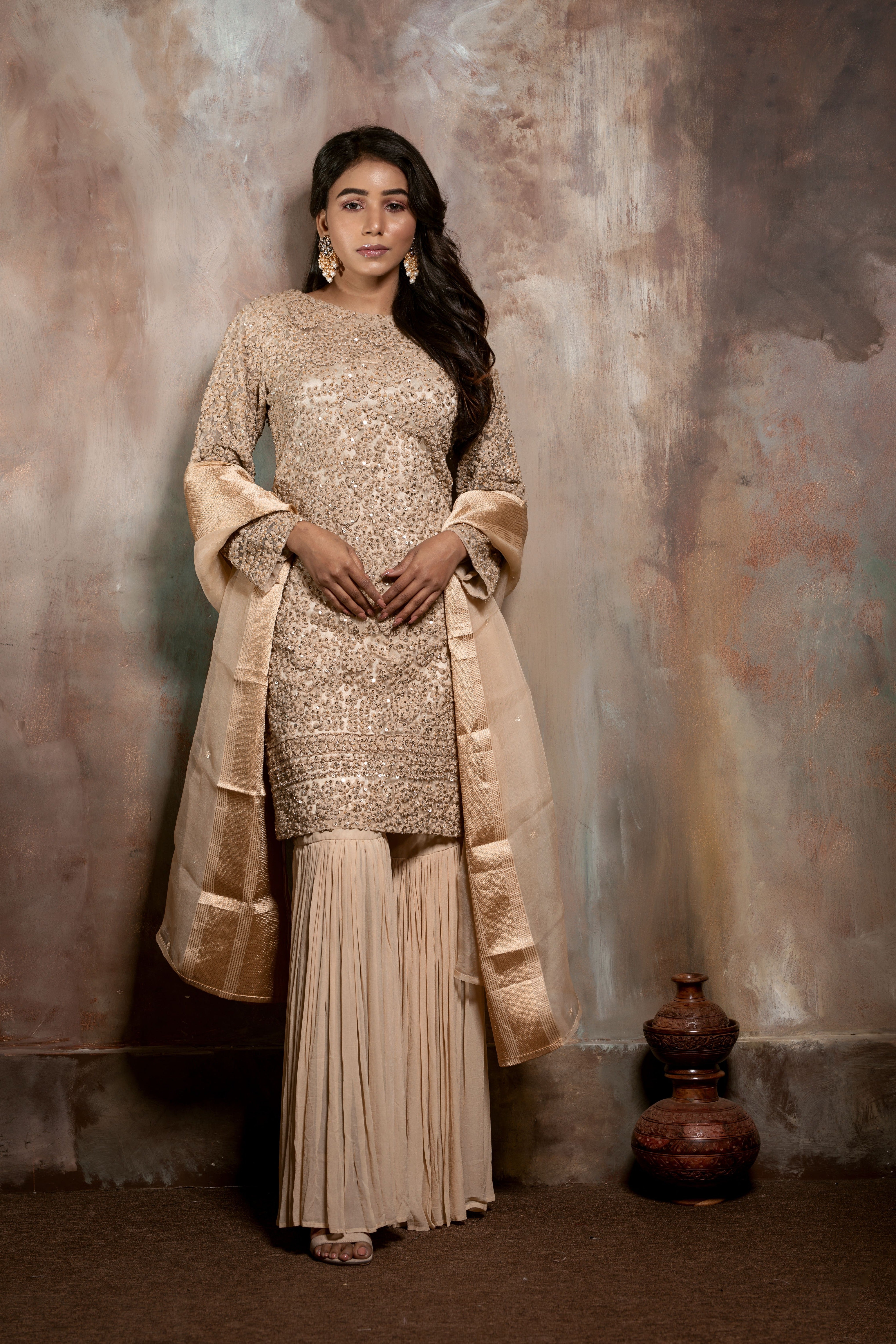 Golden Handcrafted Sharara Kurta Set