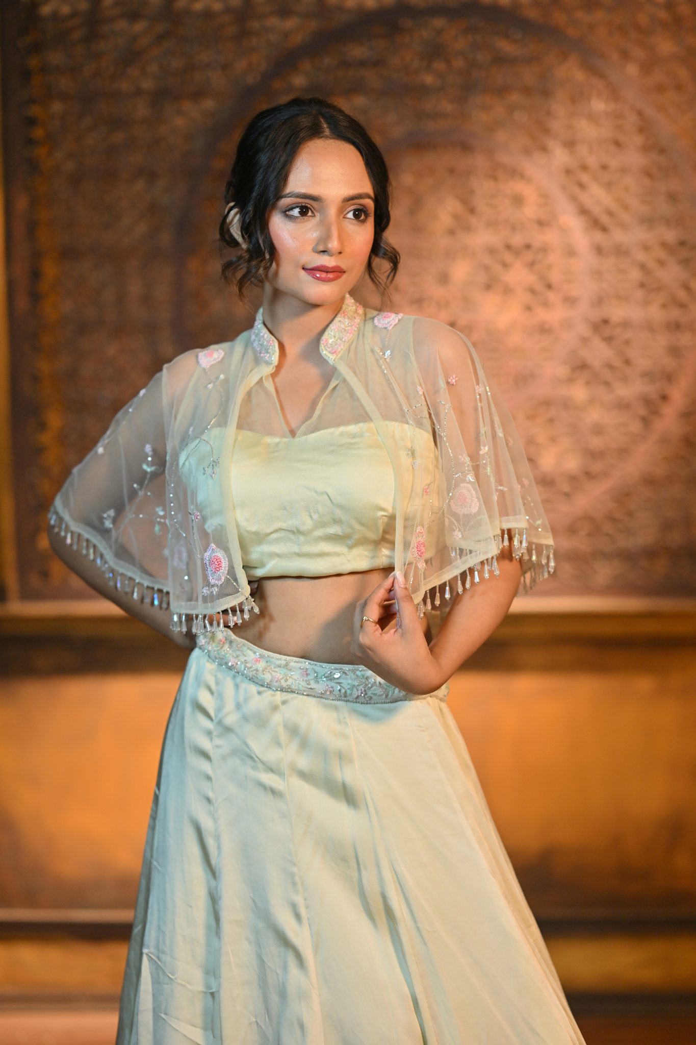 PASTEL GREEN LEHENGA WITH BUSTIER AND CAPE (Customize Request)