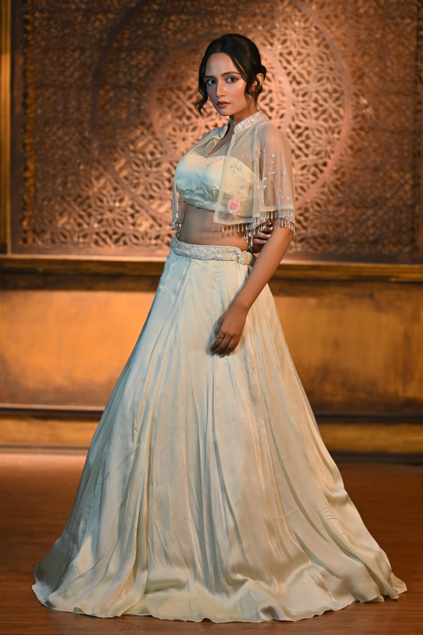 PASTEL GREEN LEHENGA WITH BUSTIER AND CAPE (Customize Request)