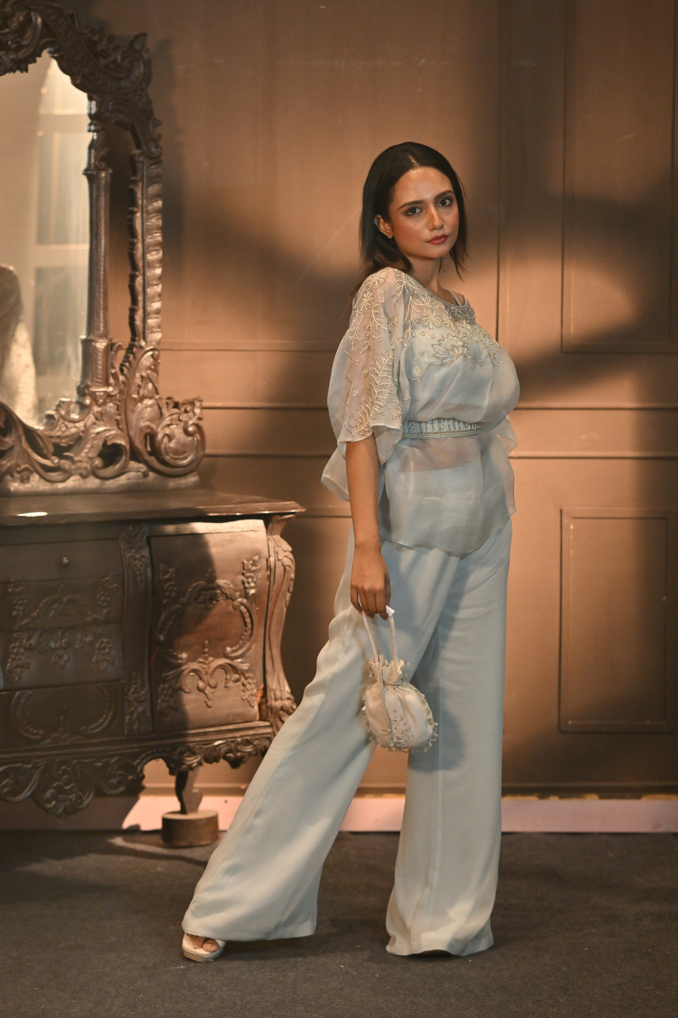 SKY BLUE JACKET WITH BUSTIER AND PALAZZO WITH BELT (Customize Request)