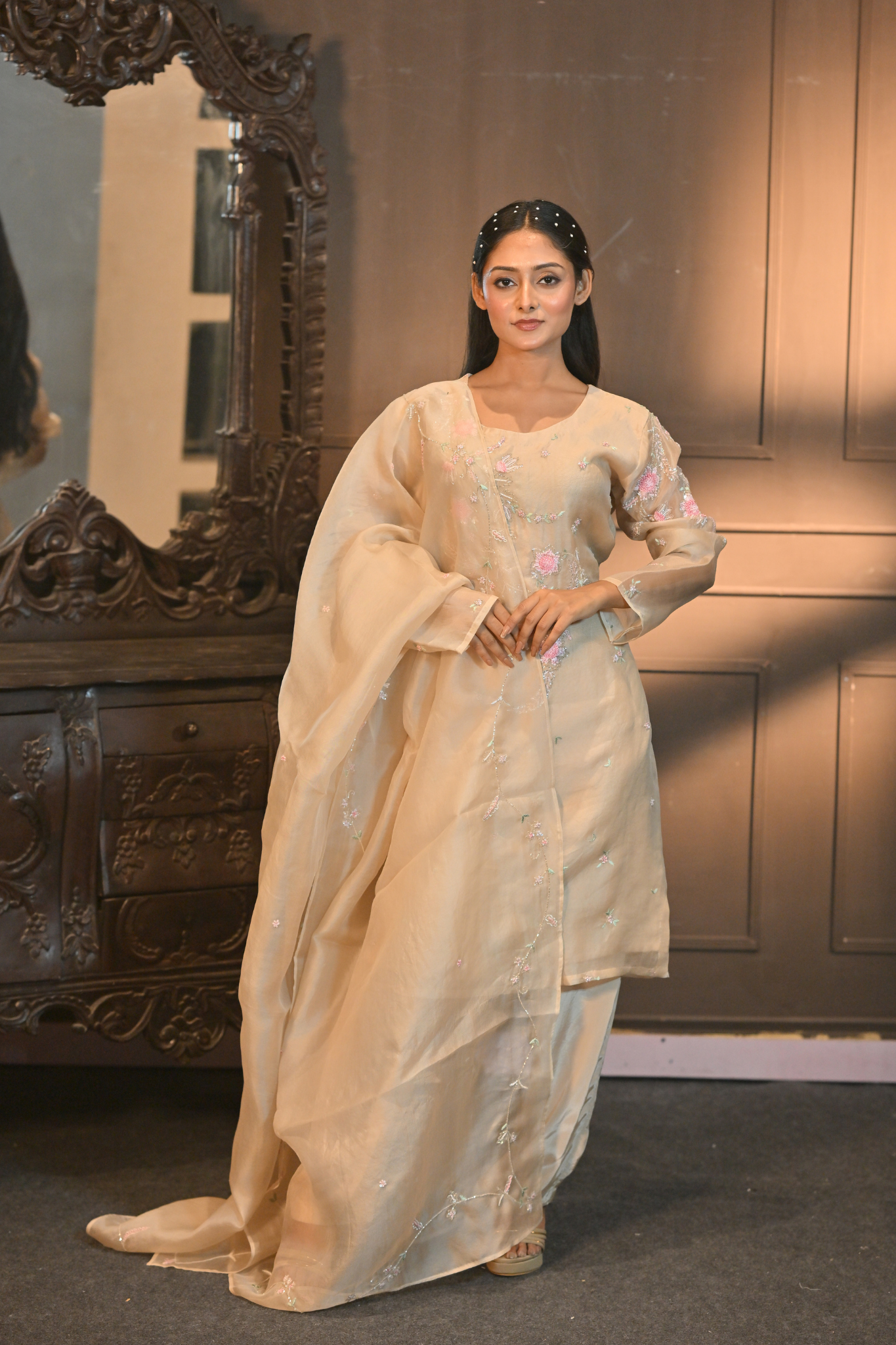 LIGHT PEACHKURTI WITH PANT AND DUPATTA  (Customize Request)