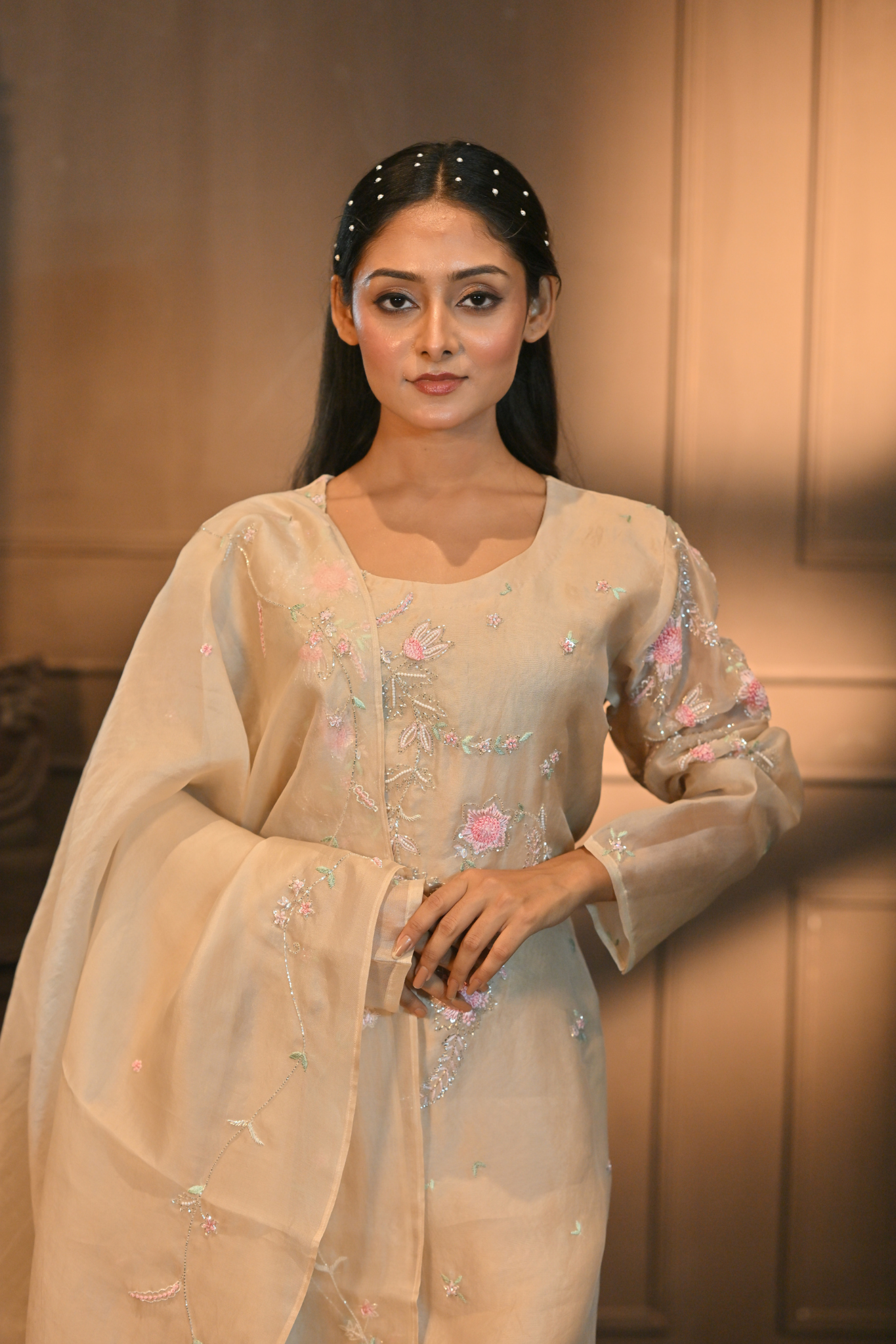 LIGHT PEACHKURTI WITH PANT AND DUPATTA  (Customize Request)