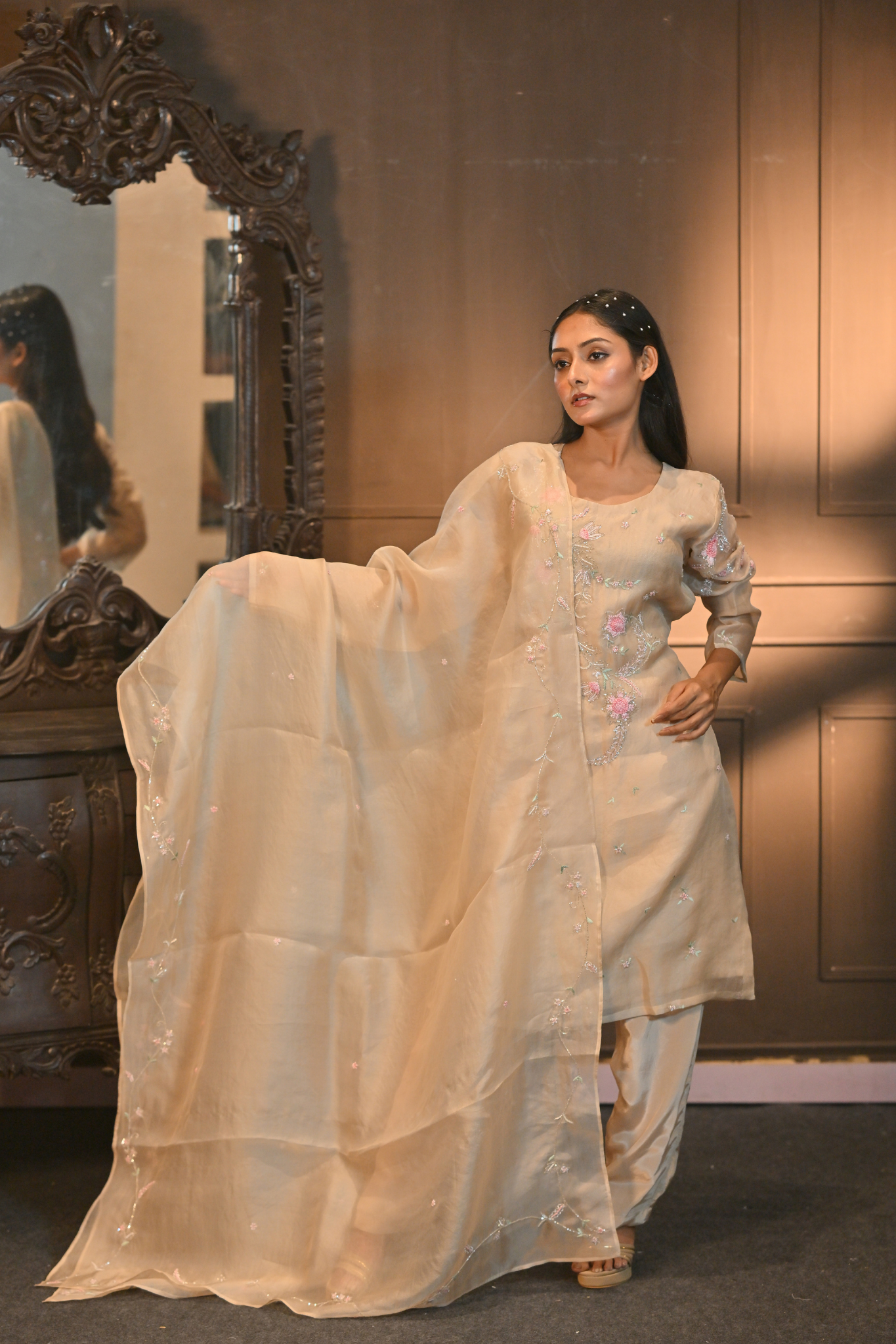 LIGHT PEACHKURTI WITH PANT AND DUPATTA  (Customize Request)