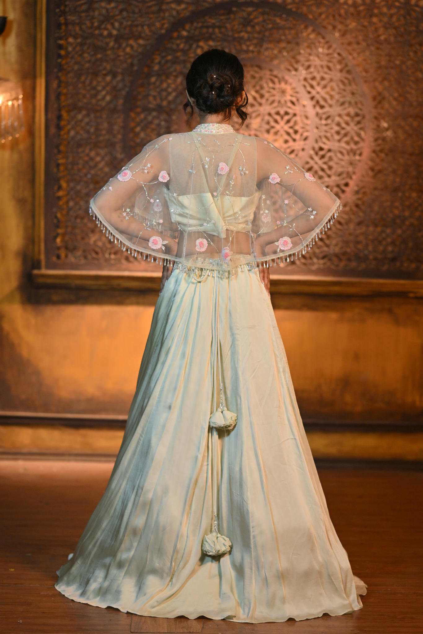 PASTEL GREEN LEHENGA WITH BUSTIER AND CAPE (Customize Request)