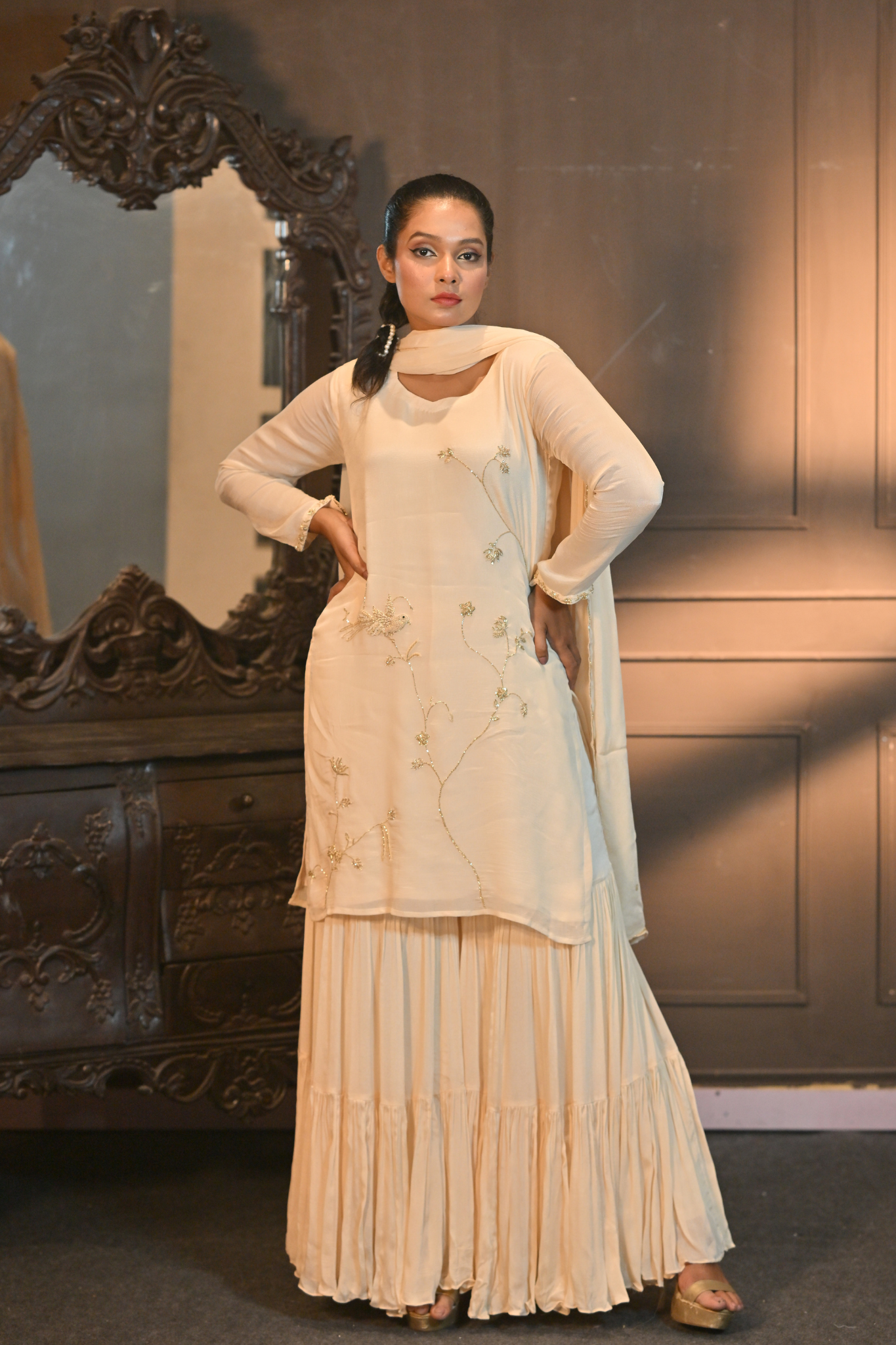BEIGE KURTA SHARARA SET WITH DUPATTA FOR WOMEN (Customize Request)