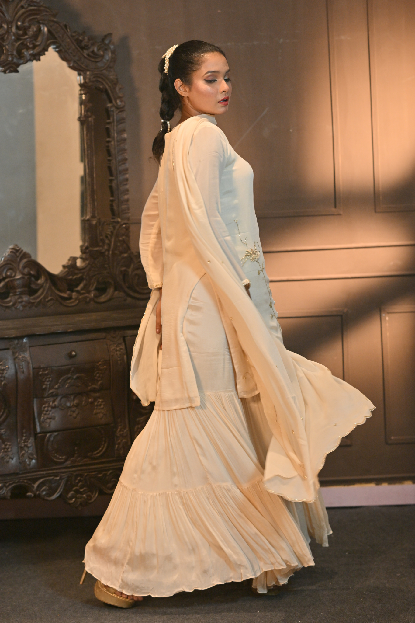 BEIGE KURTA SHARARA SET WITH DUPATTA FOR WOMEN (Customize Request)