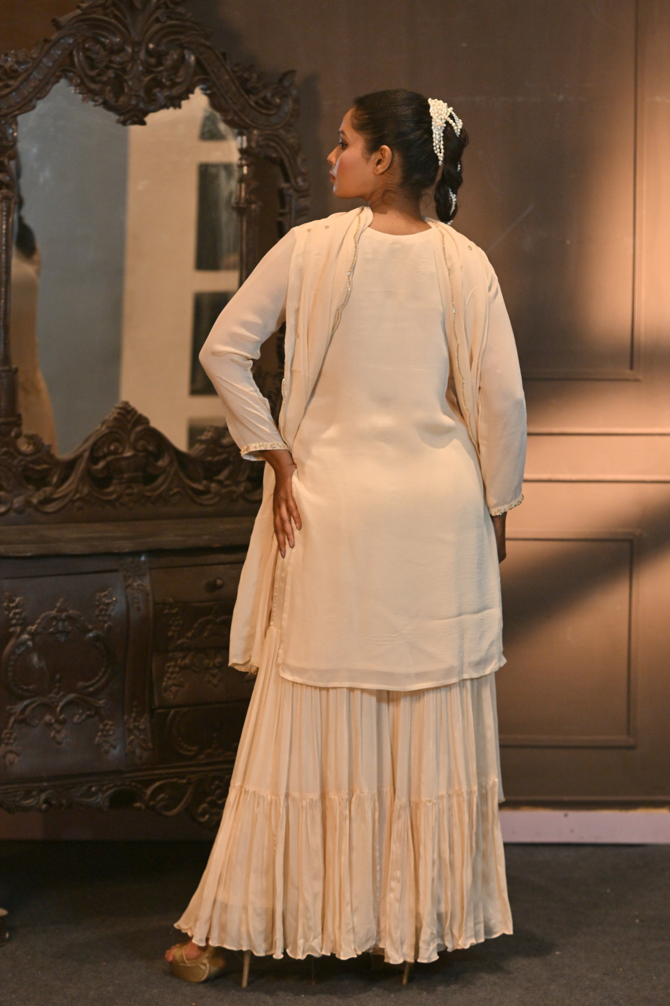 BEIGE KURTA SHARARA SET WITH DUPATTA FOR WOMEN (Customize Request)