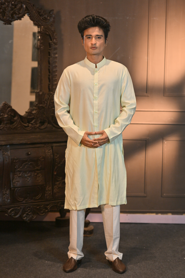 Green Cotton Jacquard Kurta Set with Katan Silk Pant (Customize Request)