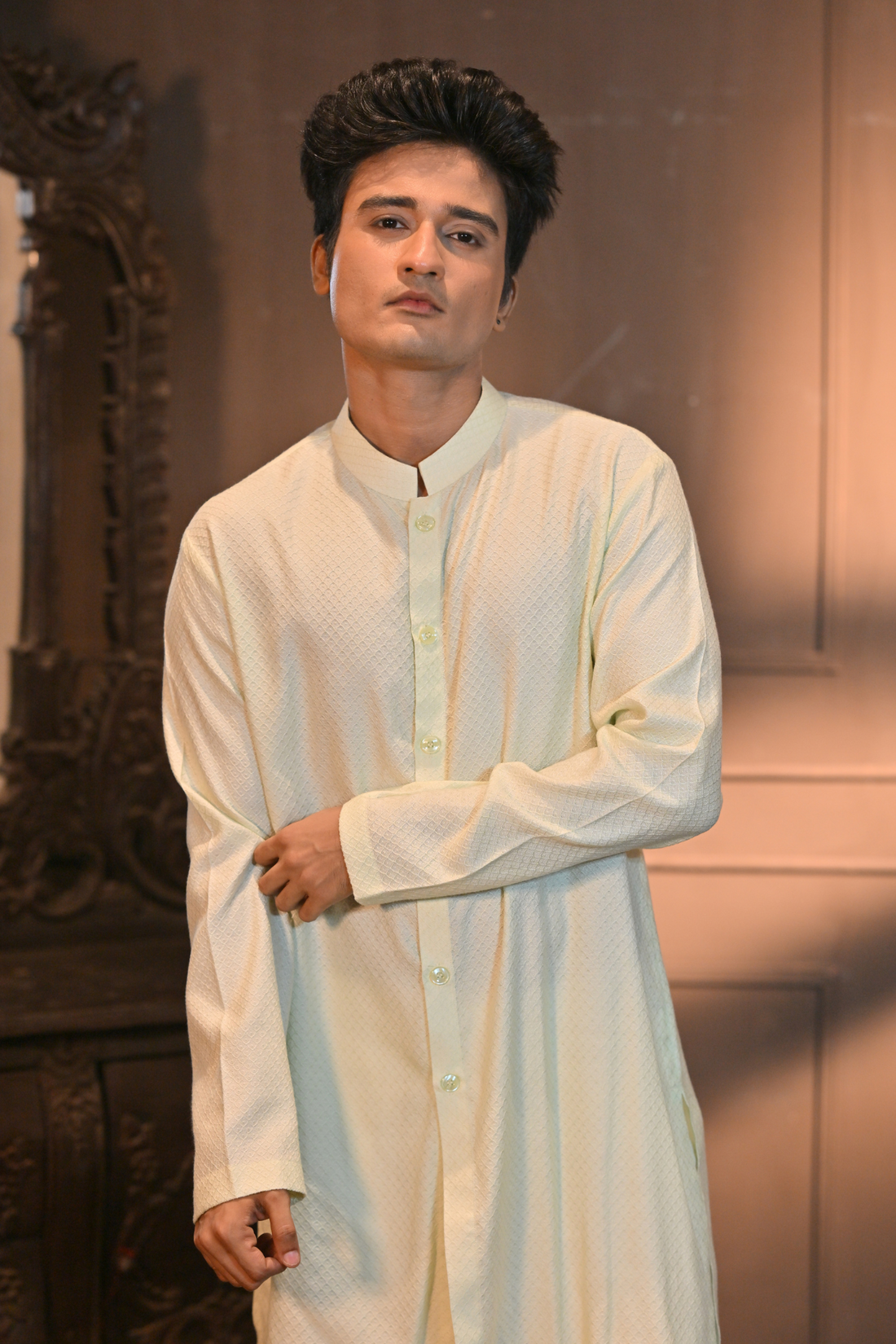 Green Cotton Jacquard Kurta Set with Katan Silk Pant (Customize Request)