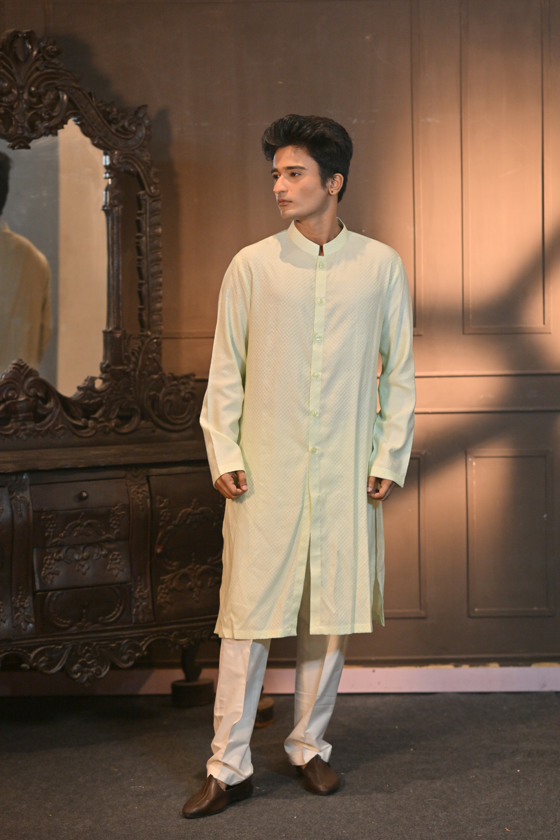 Green Cotton Jacquard Kurta Set with Katan Silk Pant (Customize Request)