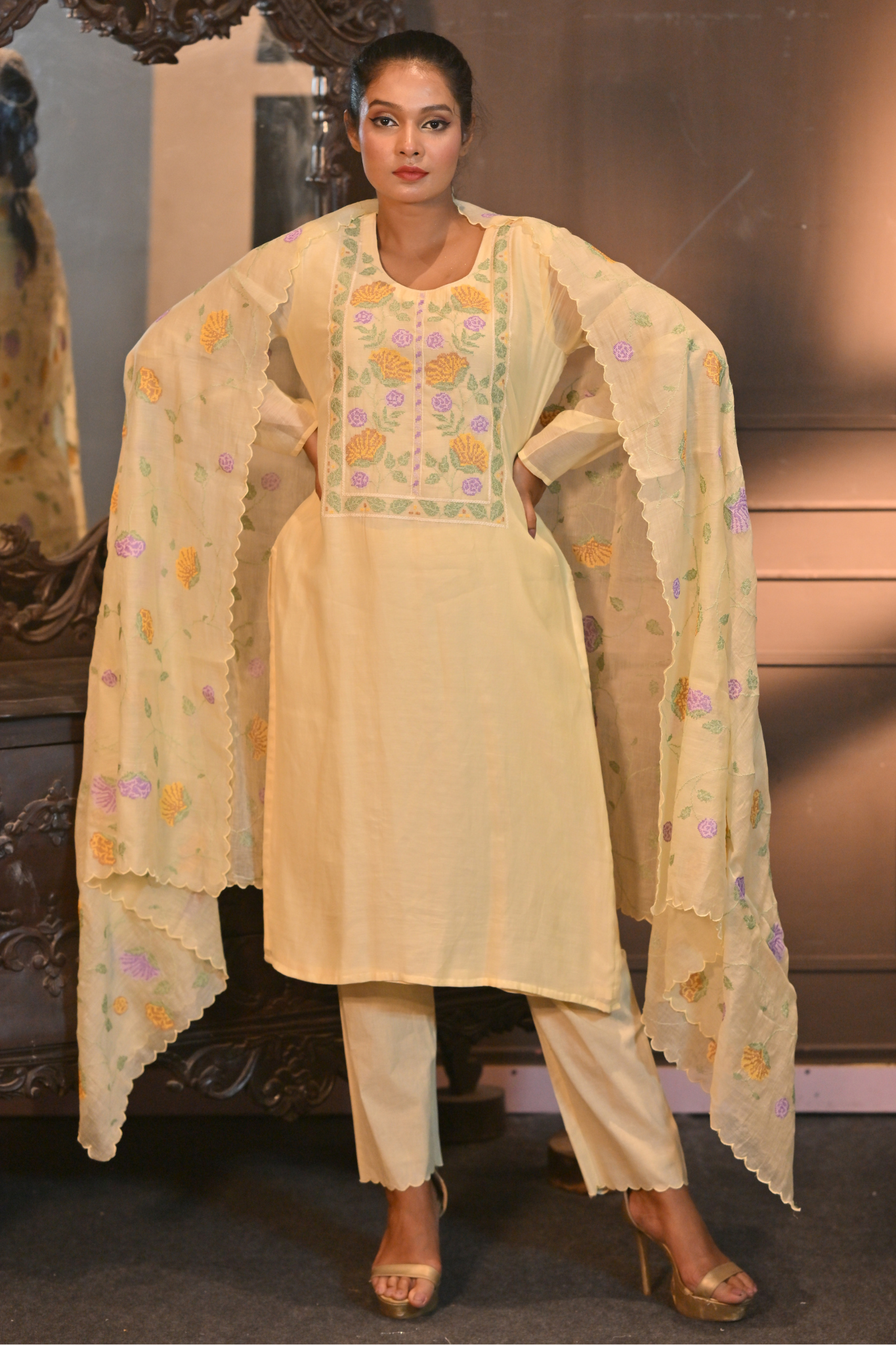 Lemon Yellow Mal Chanderi Kurti Set with Kora Pants (Customize Request)