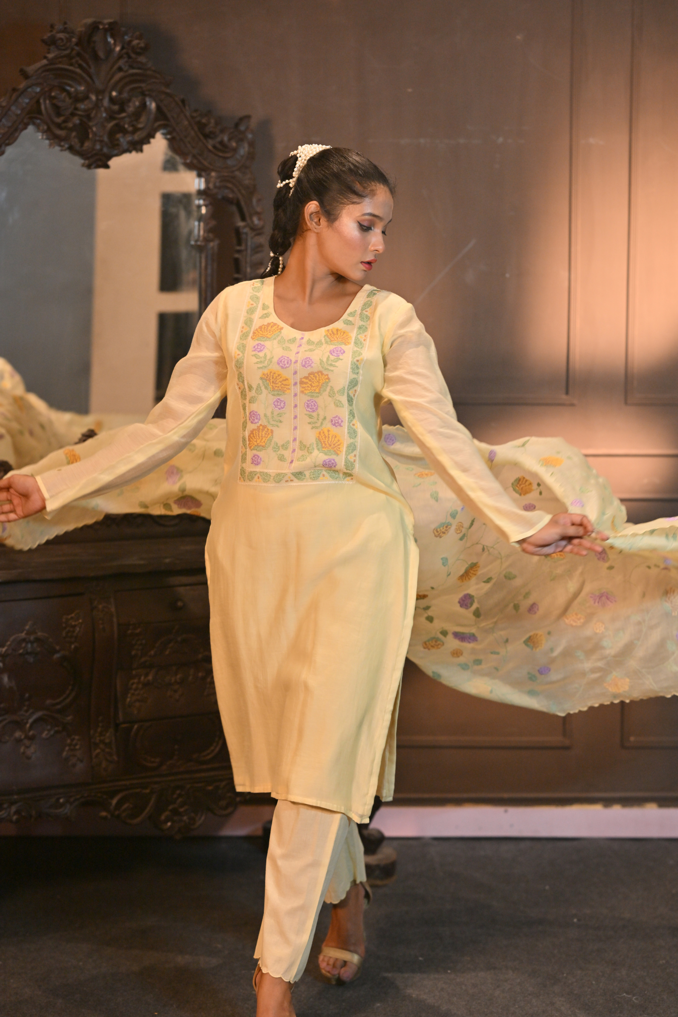 Lemon Yellow Mal Chanderi Kurti Set with Kora Pants (Customize Request)