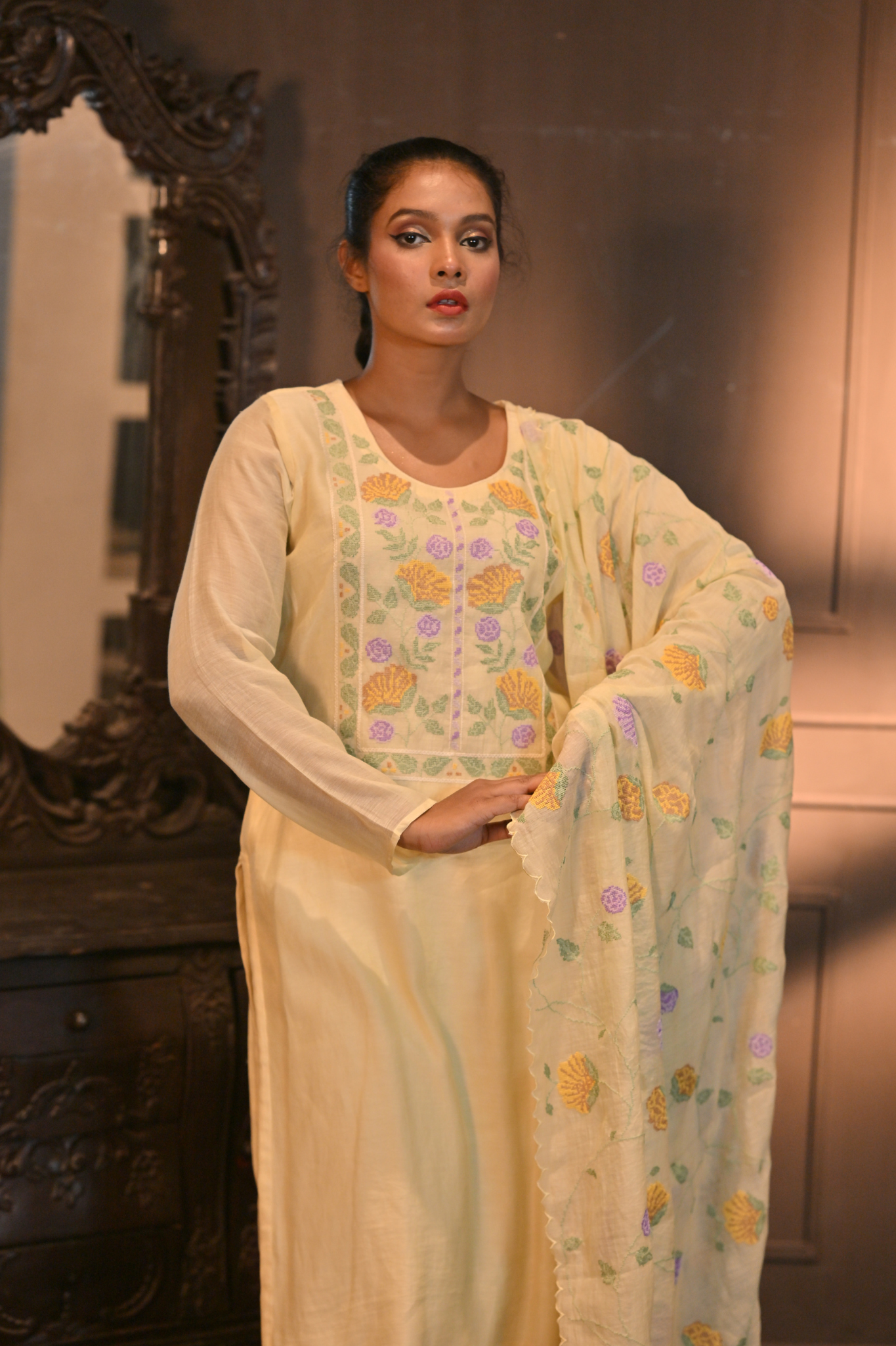 Lemon Yellow Mal Chanderi Kurti Set with Kora Pants (Customize Request)
