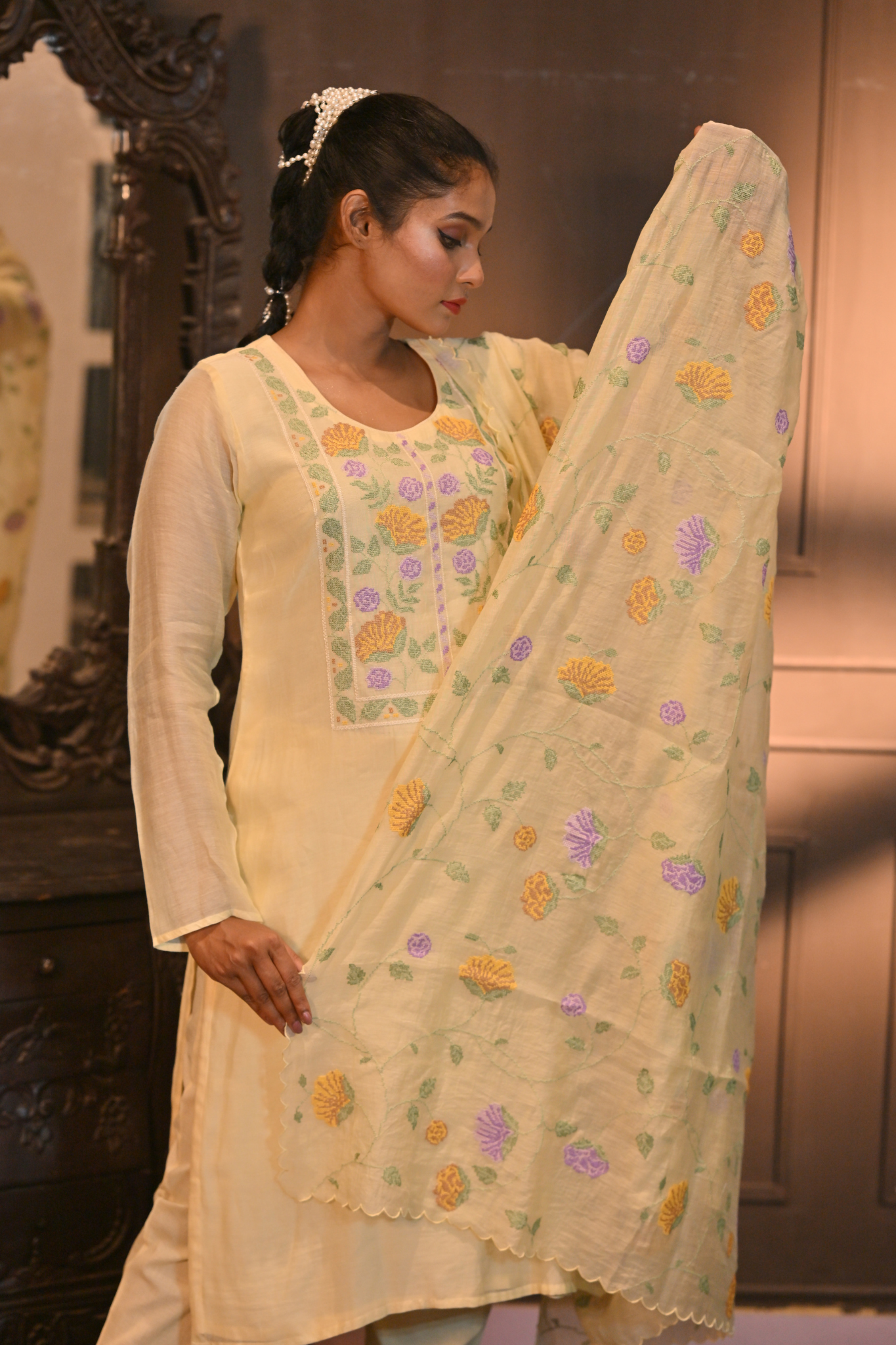 Lemon Yellow Mal Chanderi Kurti Set with Kora Pants (Customize Request)