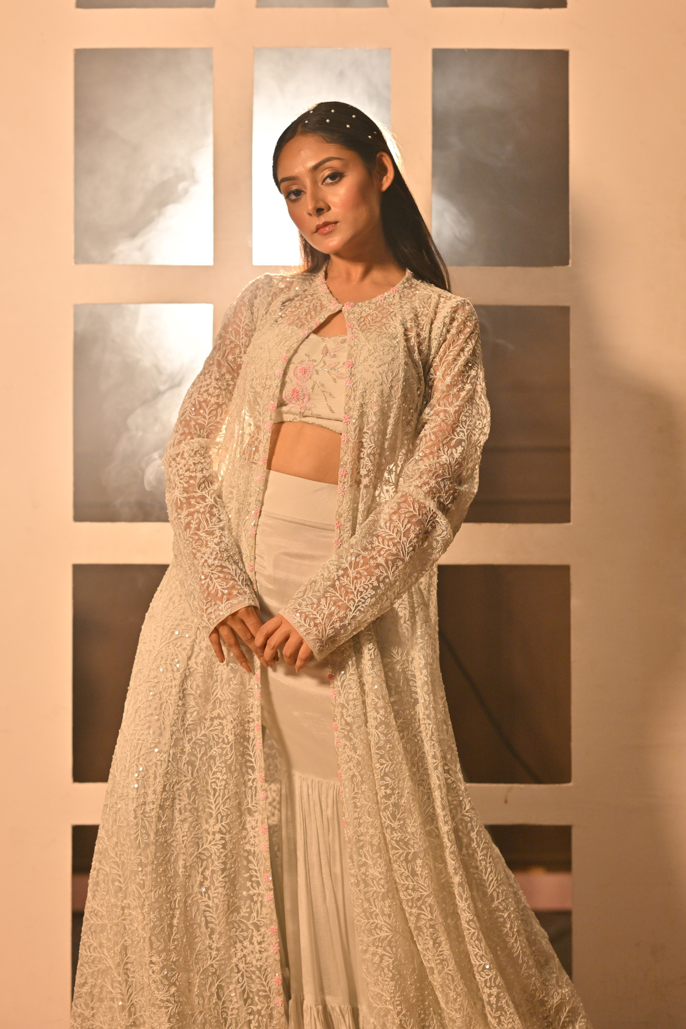 WOMEN’S AQUA EMBROIDERED INDO WESTERN JACKET SET (Customize Request)