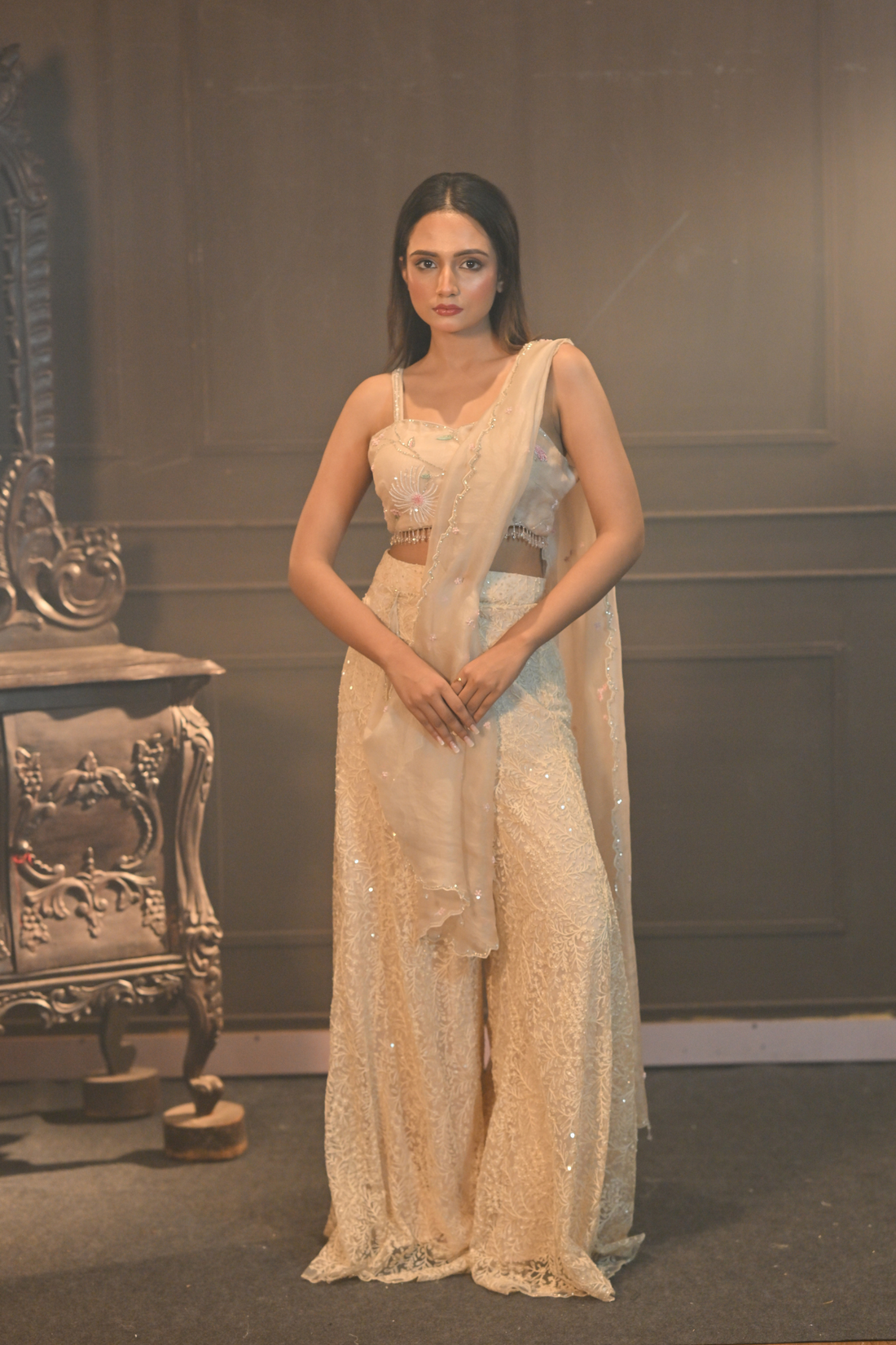 WOMEN’S LIGHT BEIGE EMBROIDERED DRAPE SAREE SET (Customize Request)