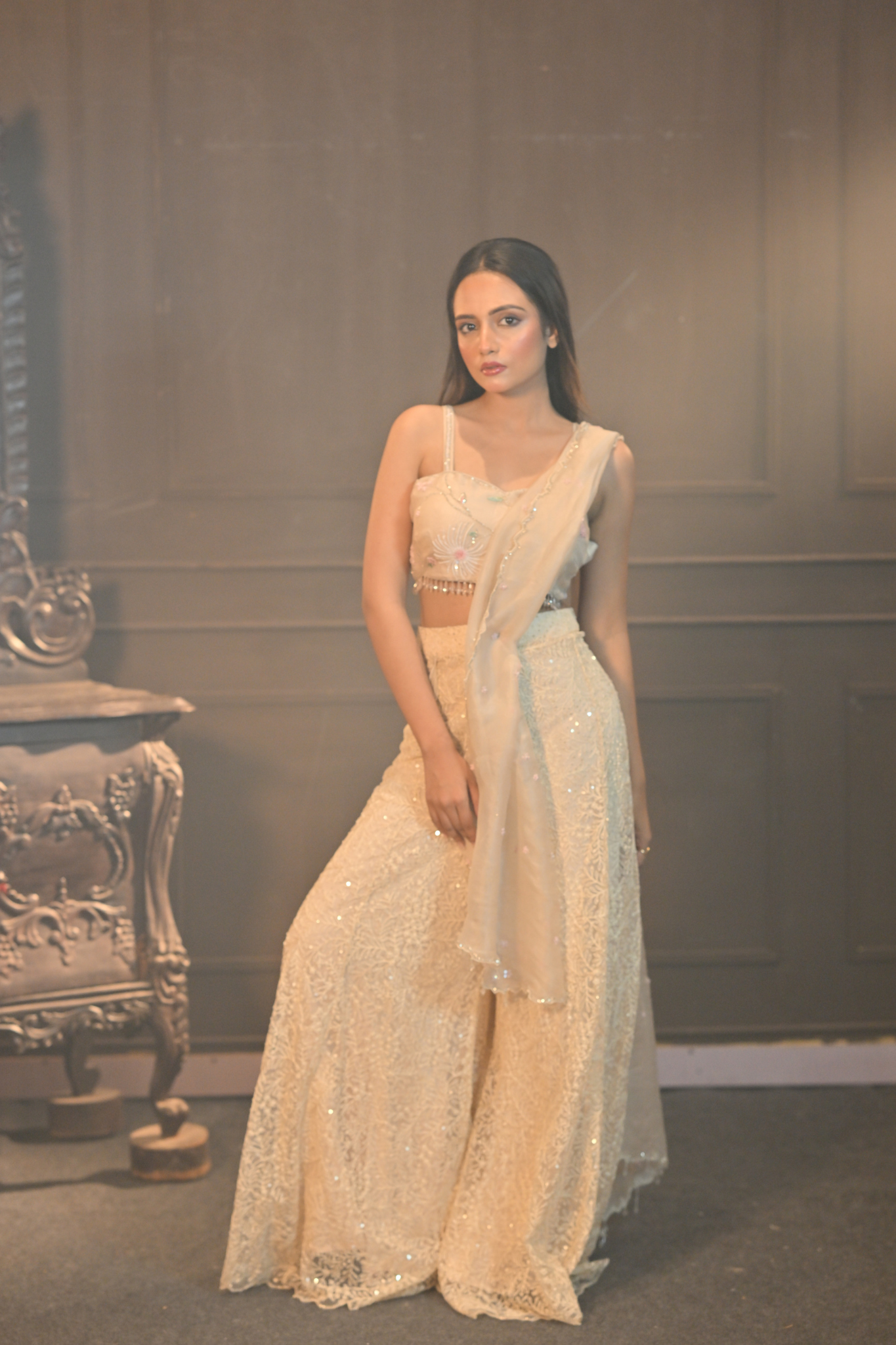 WOMEN’S LIGHT BEIGE EMBROIDERED DRAPE SAREE SET (Customize Request)