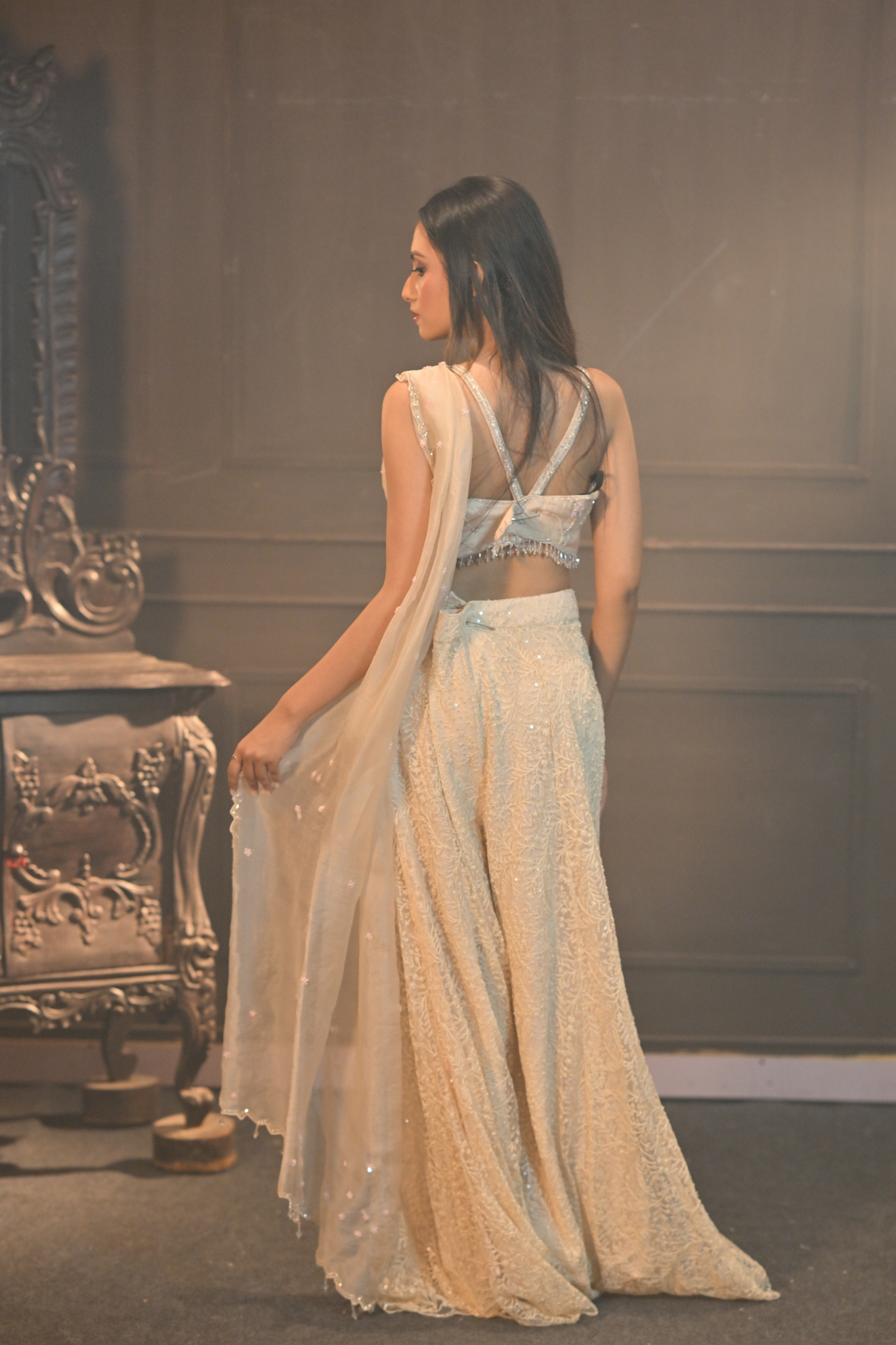 WOMEN’S LIGHT BEIGE EMBROIDERED DRAPE SAREE SET (Customize Request)