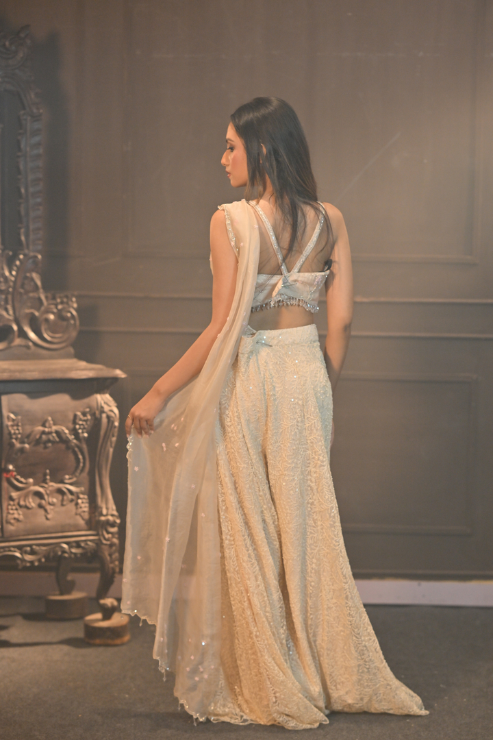 WOMEN’S LIGHT BEIGE EMBROIDERED DRAPE SAREE SET (Customize Request)