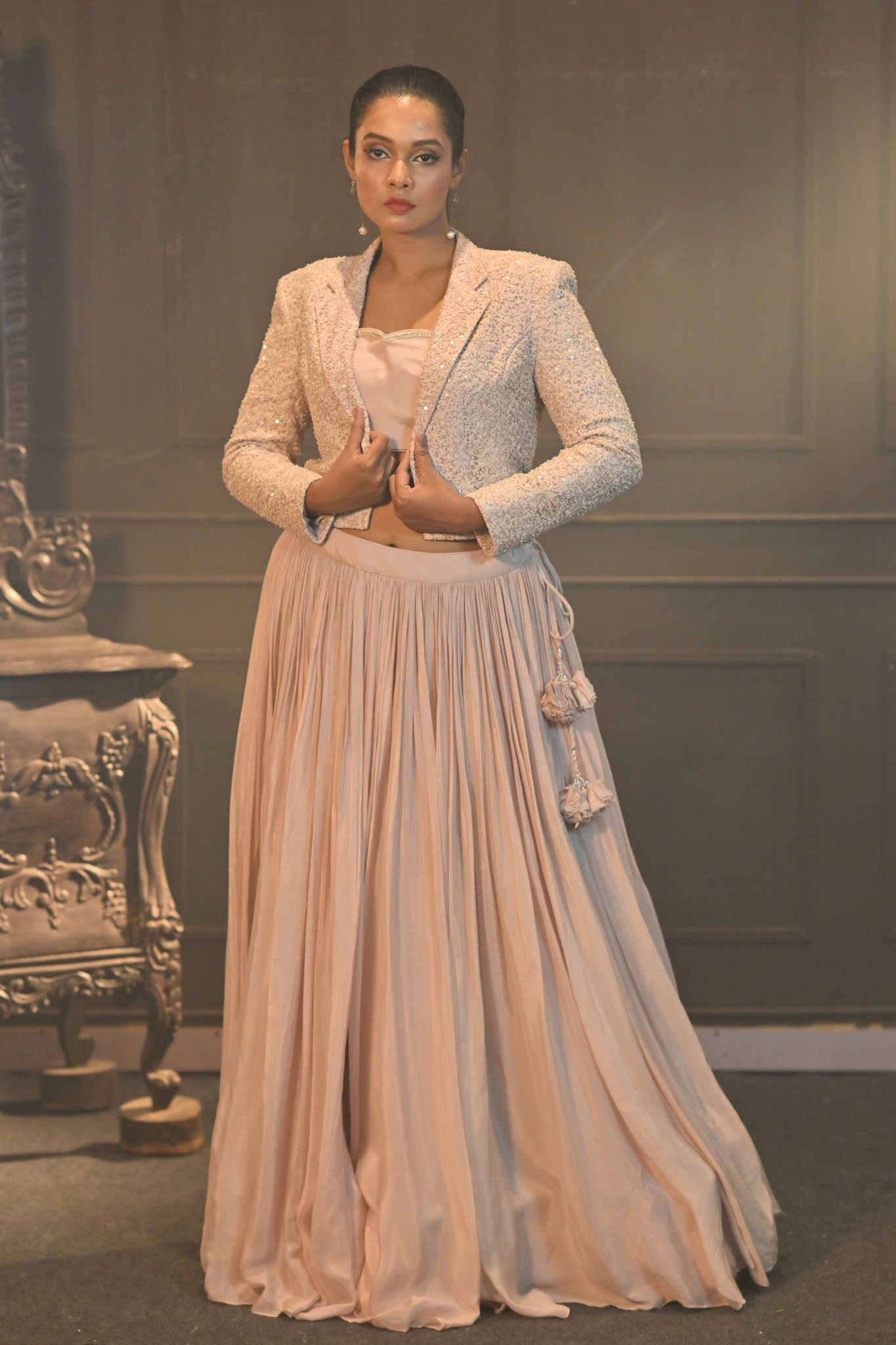 Powder Pink Chinon & Net Lehenga Set (Customize Request)