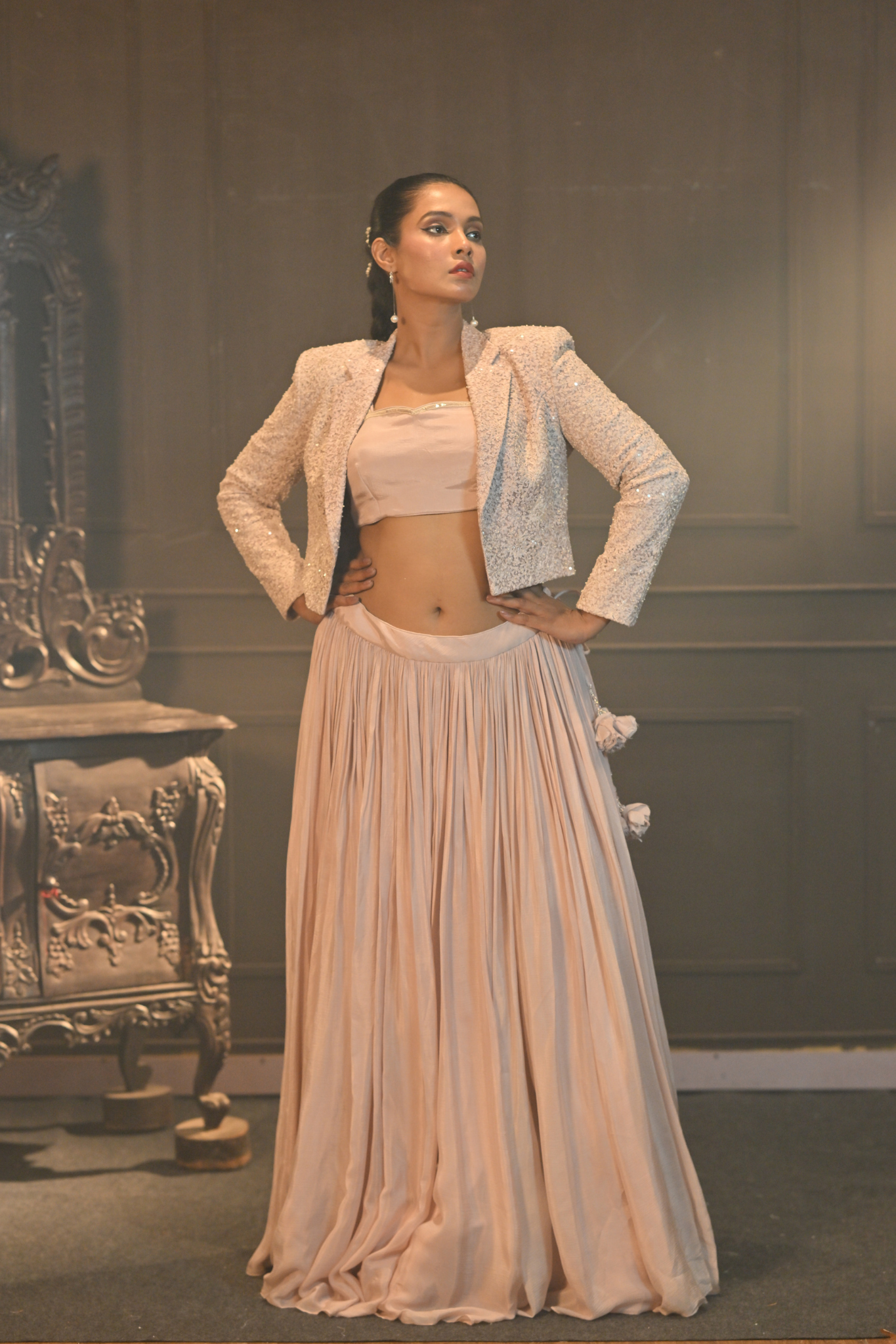 Powder Pink Chinon & Net Lehenga Set (Customize Request)