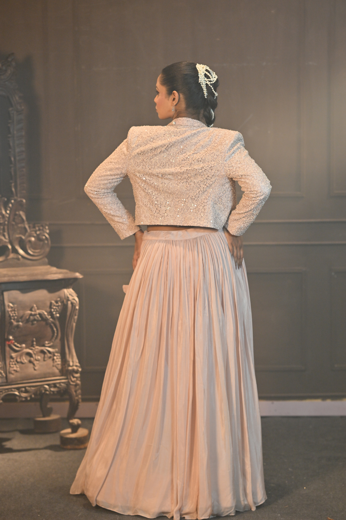 Powder Pink Chinon & Net Lehenga Set (Customize Request)