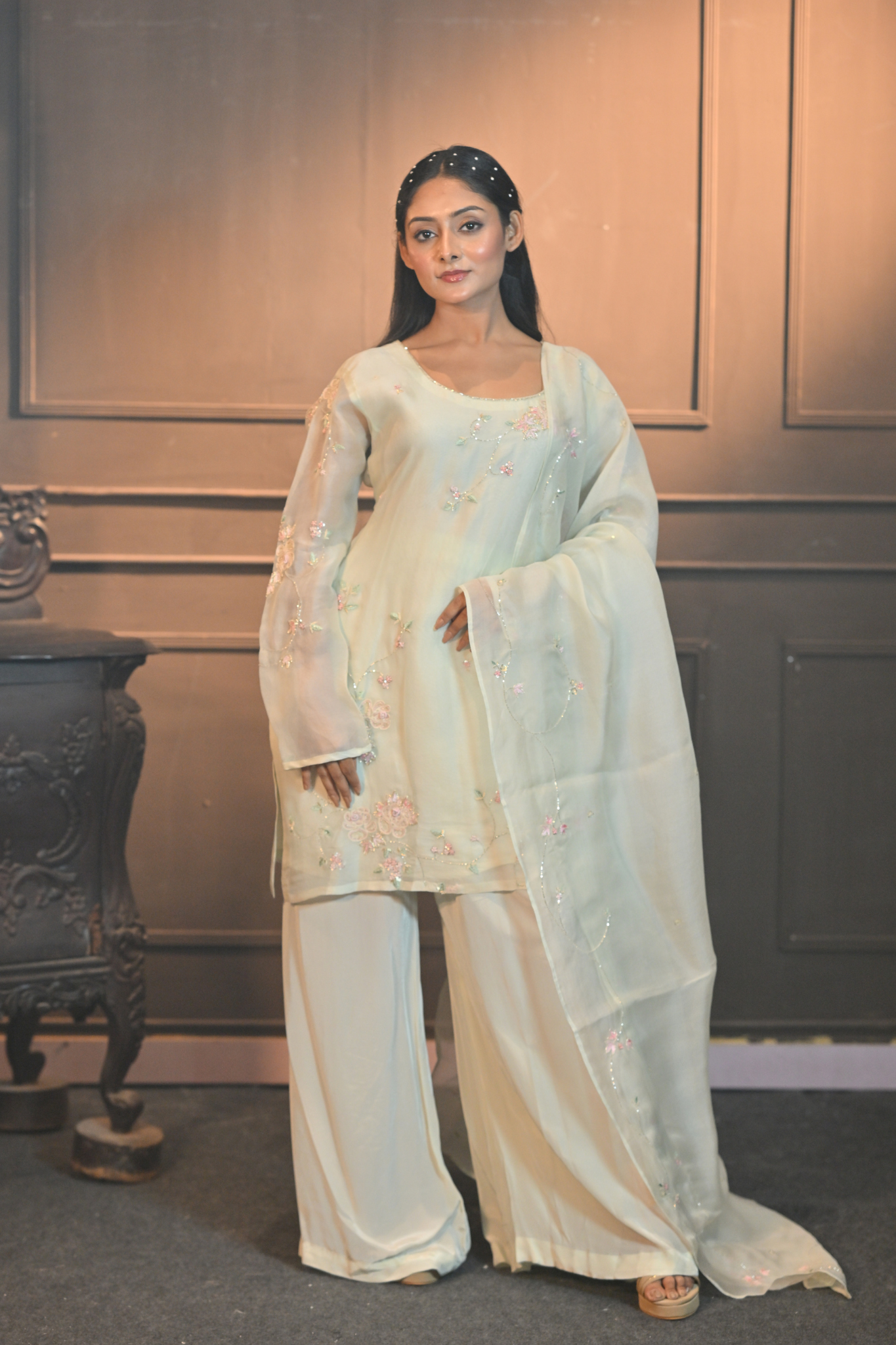 Shadow Lime Pure Organza Kurti Set with Handwork & Dupatta (Customize Request)