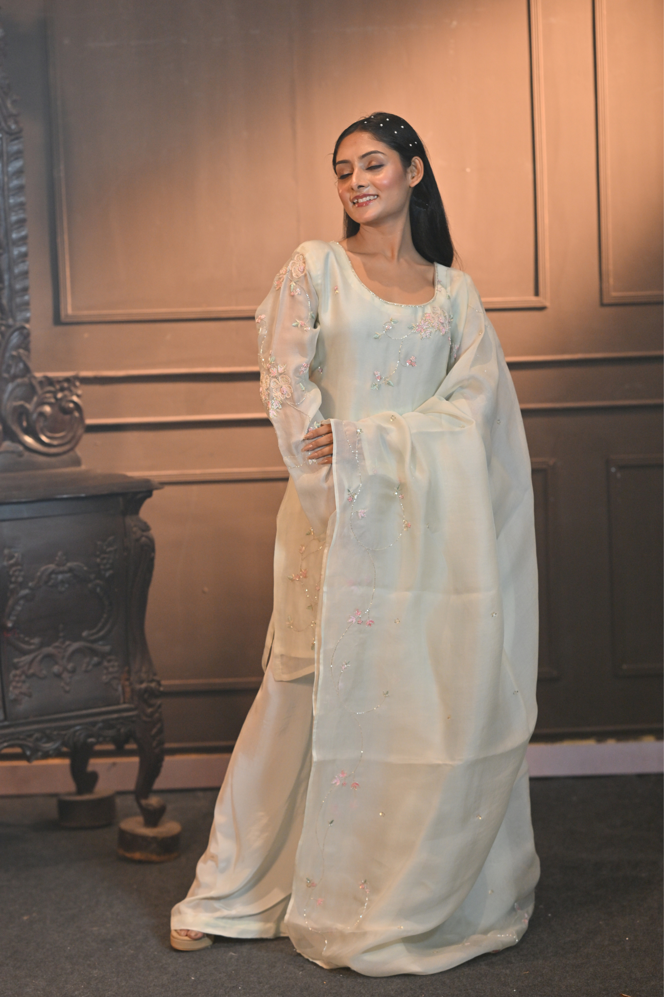 Shadow Lime Pure Organza Kurti Set with Handwork & Dupatta (Customize Request)