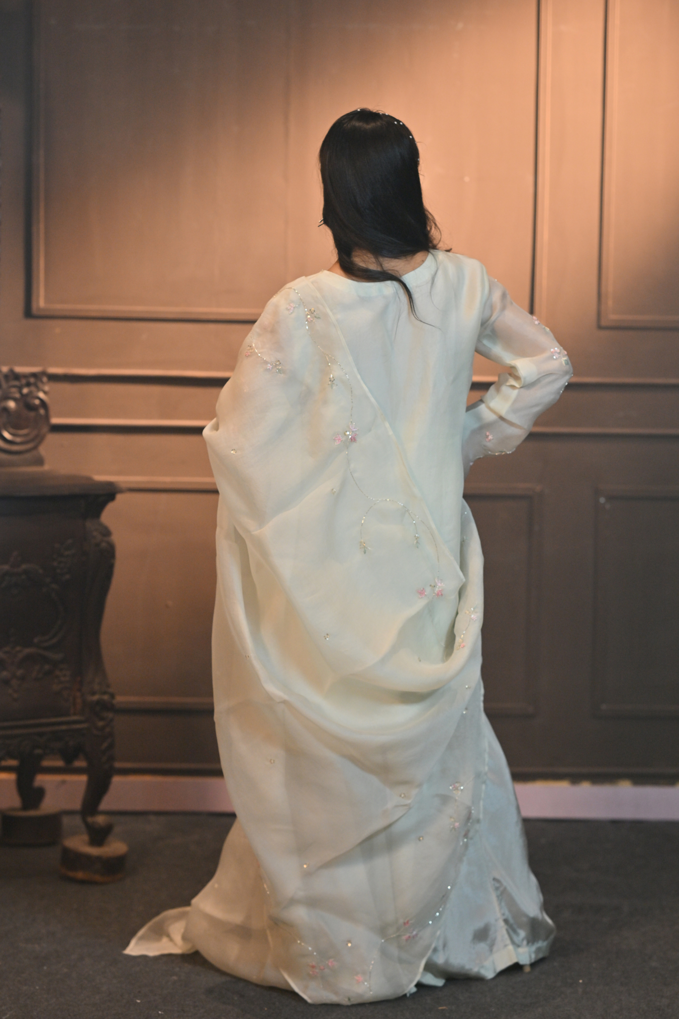 Shadow Lime Pure Organza Kurti Set with Handwork & Dupatta (Customize Request)