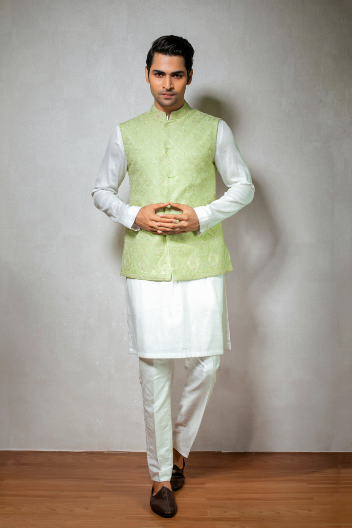 Pastel Green Embroidered Nehru Jacket with White Cotton Kurta Set