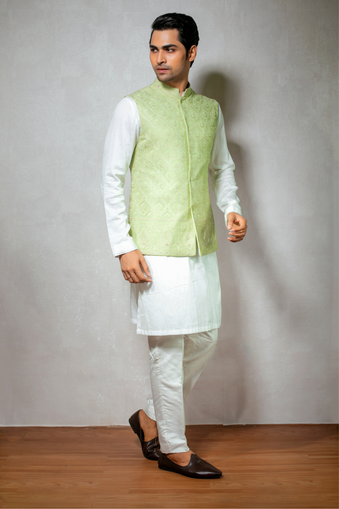 Pastel Green Embroidered Nehru Jacket with White Cotton Kurta Set
