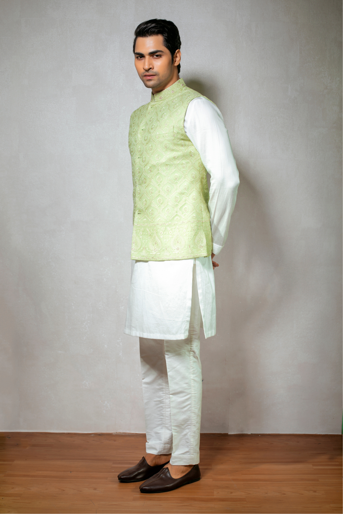 Pastel Green Embroidered Nehru Jacket with White Cotton Kurta Set