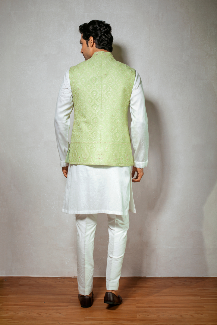 Pastel Green Embroidered Nehru Jacket with White Cotton Kurta Set