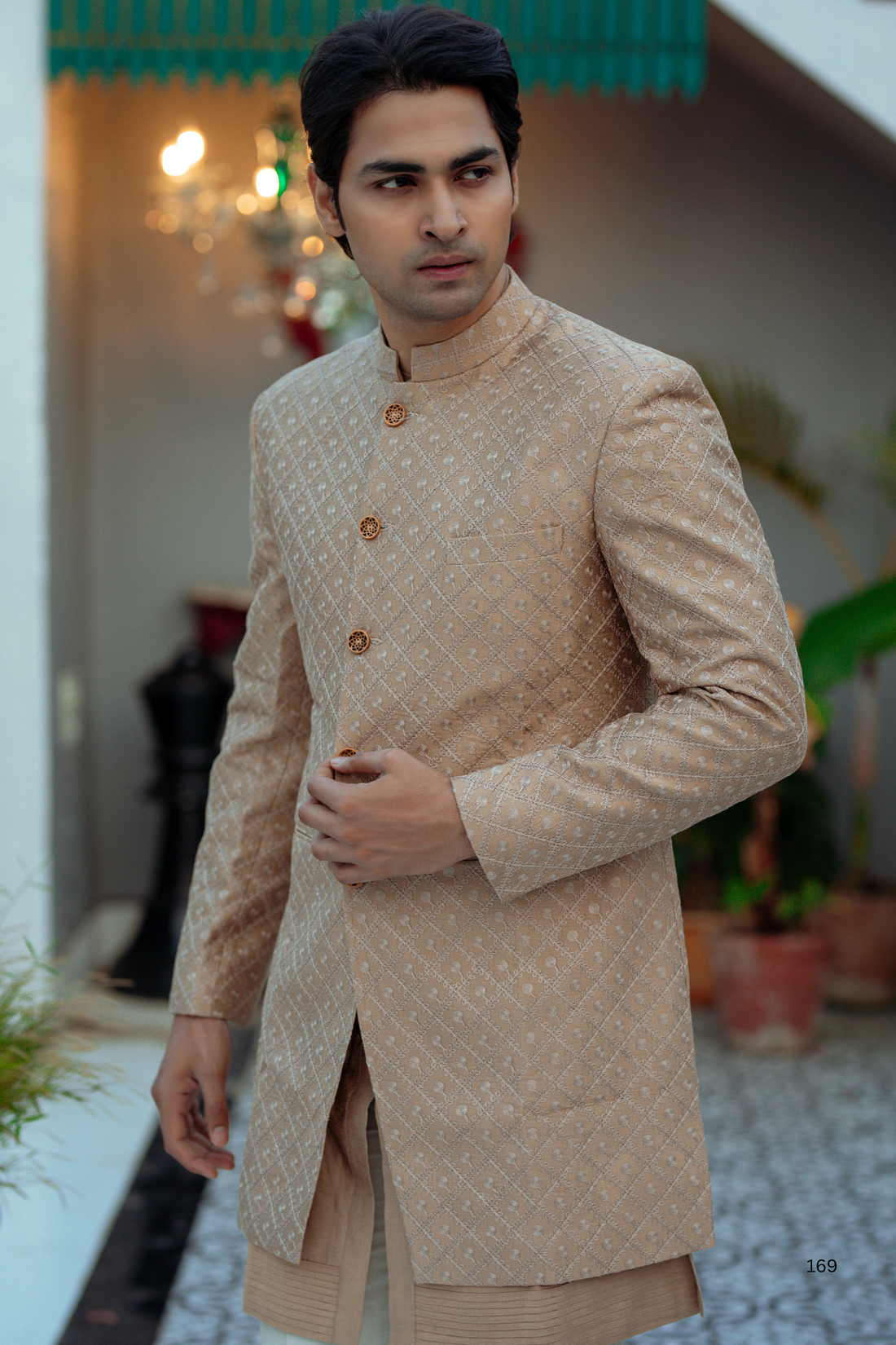 Brown Katan Silk Kurta Set with Nehru Jacket & White Pants