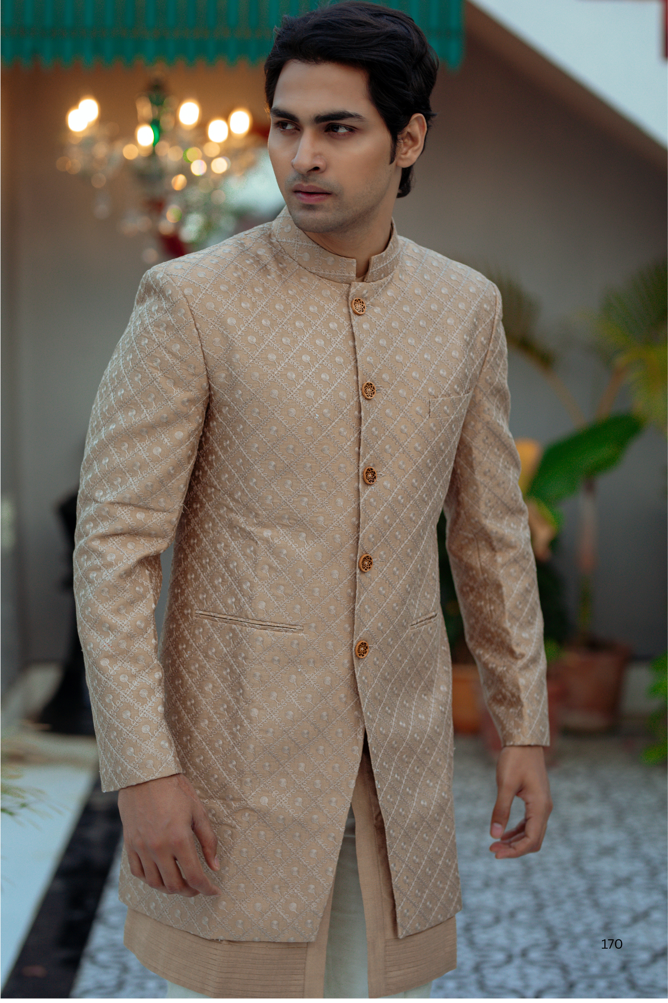 Brown Katan Silk Kurta Set with Nehru Jacket & White Pants