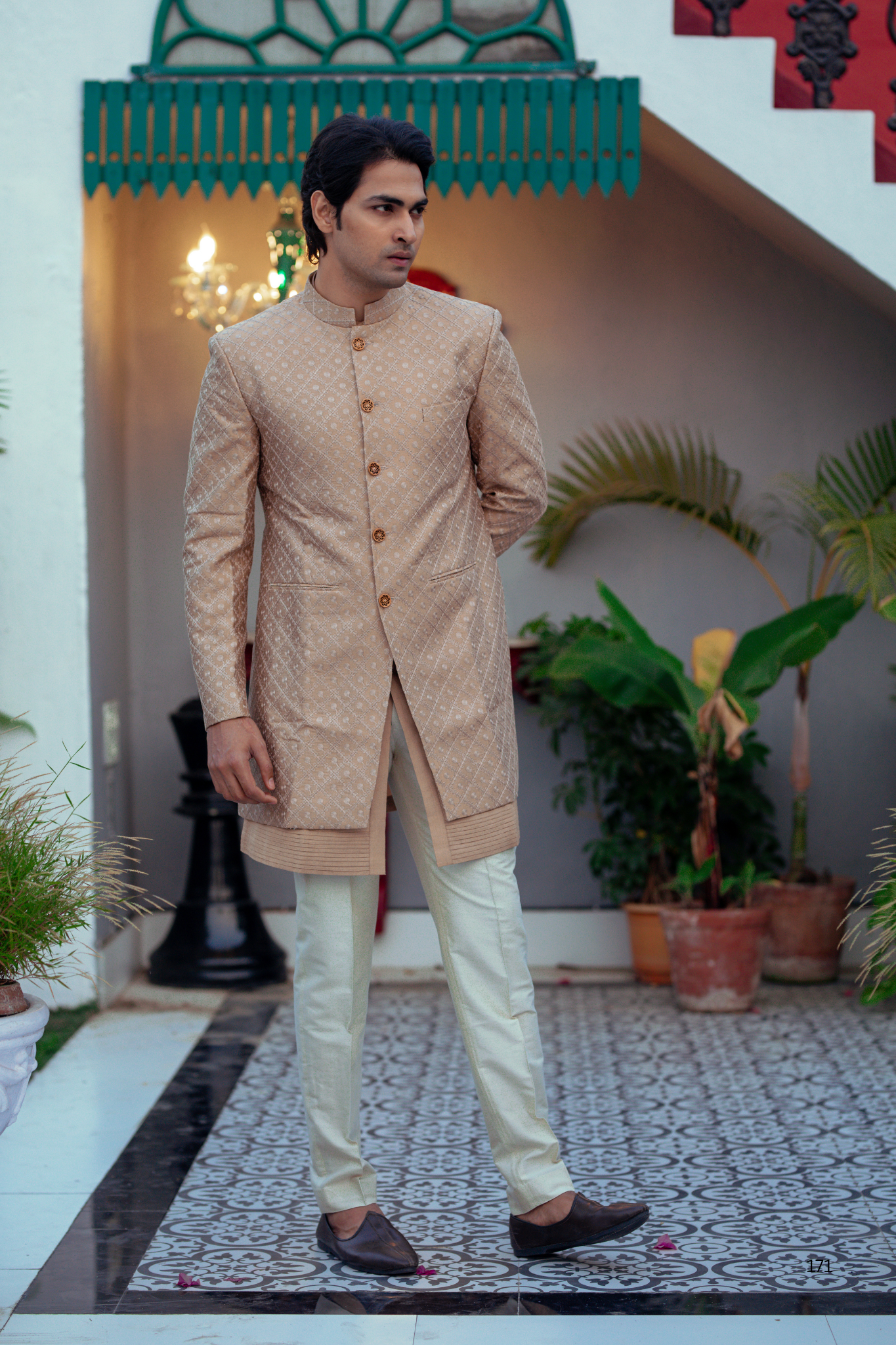 Brown Katan Silk Kurta Set with Nehru Jacket & White Pants