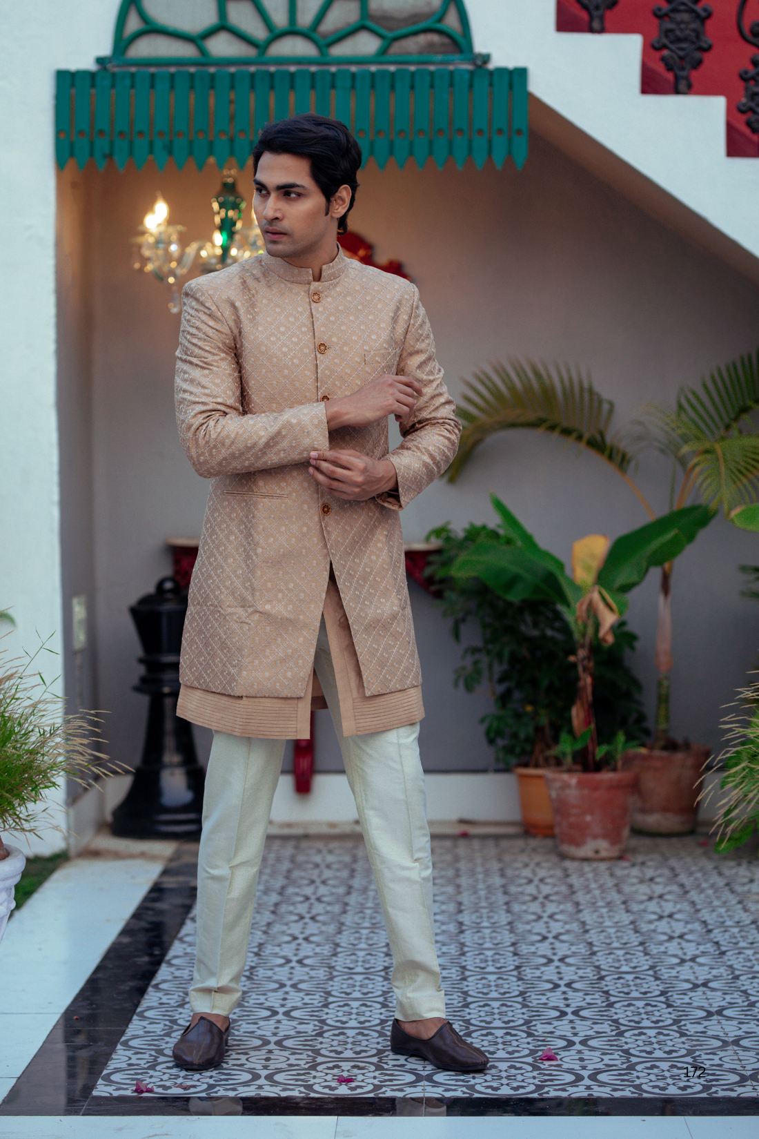 Brown Katan Silk Kurta Set with Nehru Jacket & White Pants