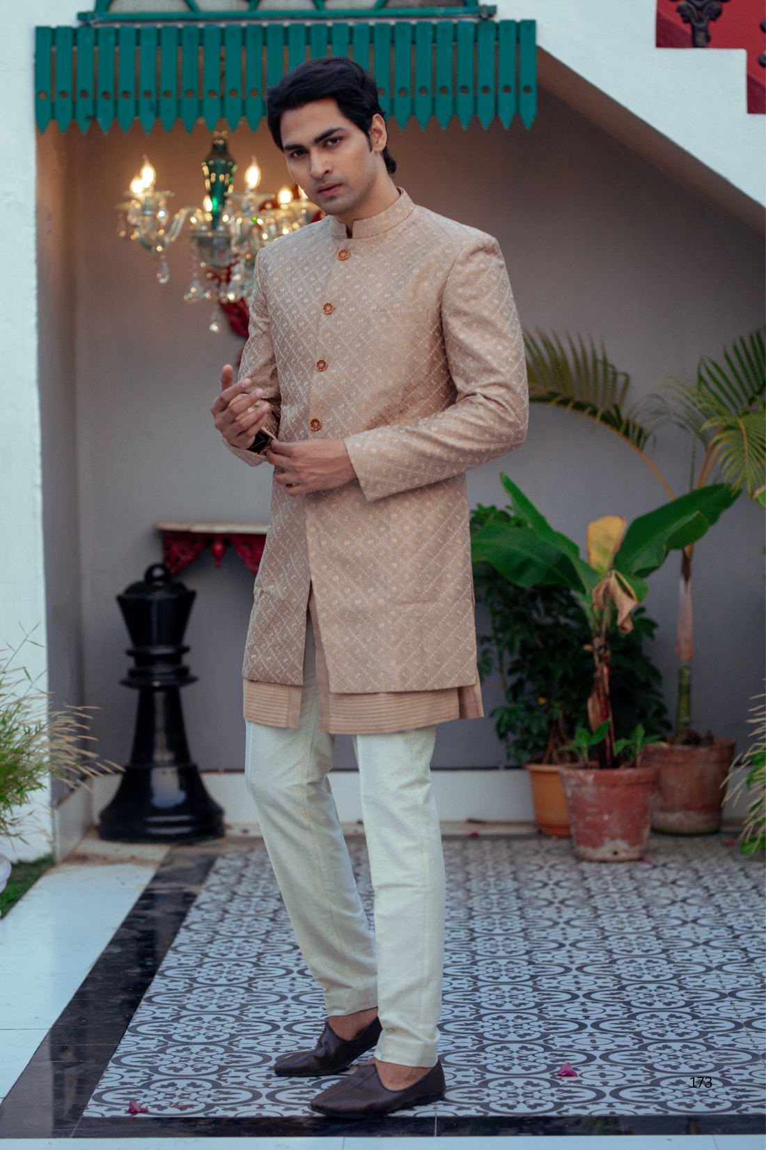 Brown Katan Silk Kurta Set with Nehru Jacket & White Pants
