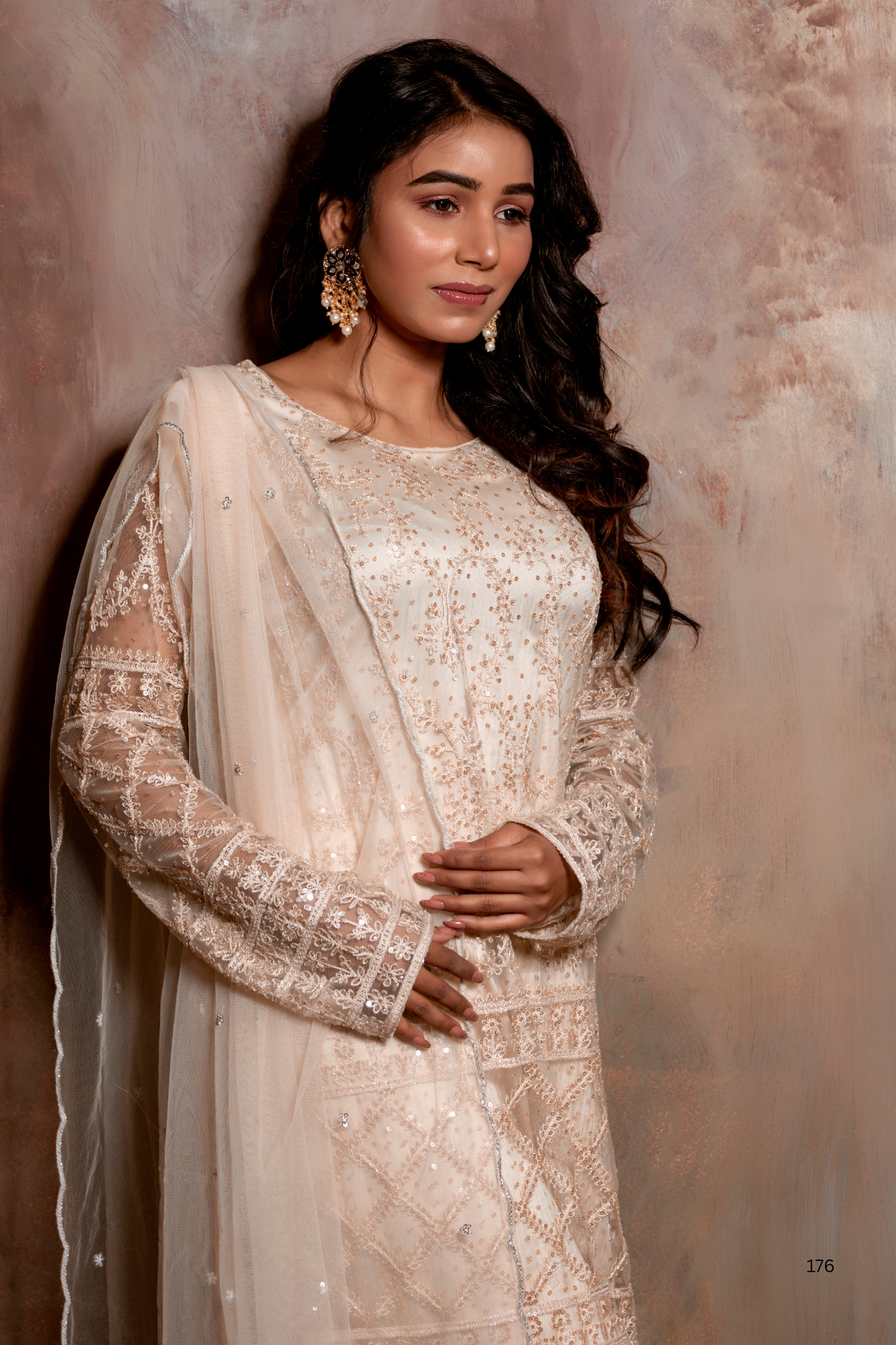 Beige Net Kurta Sharara Dupatta Set With Ari Work