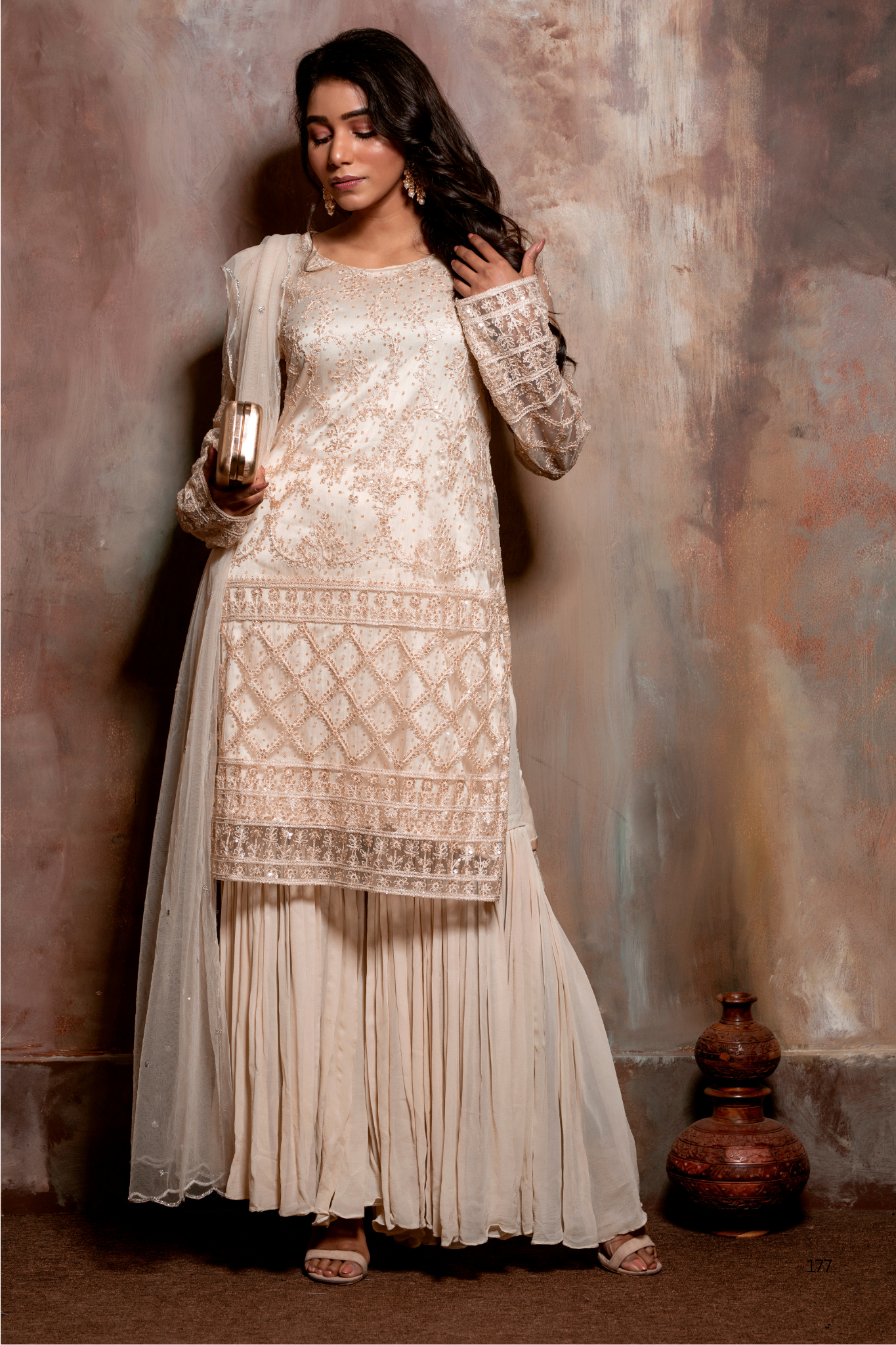 Beige Net Kurta Sharara Dupatta Set With Ari Work