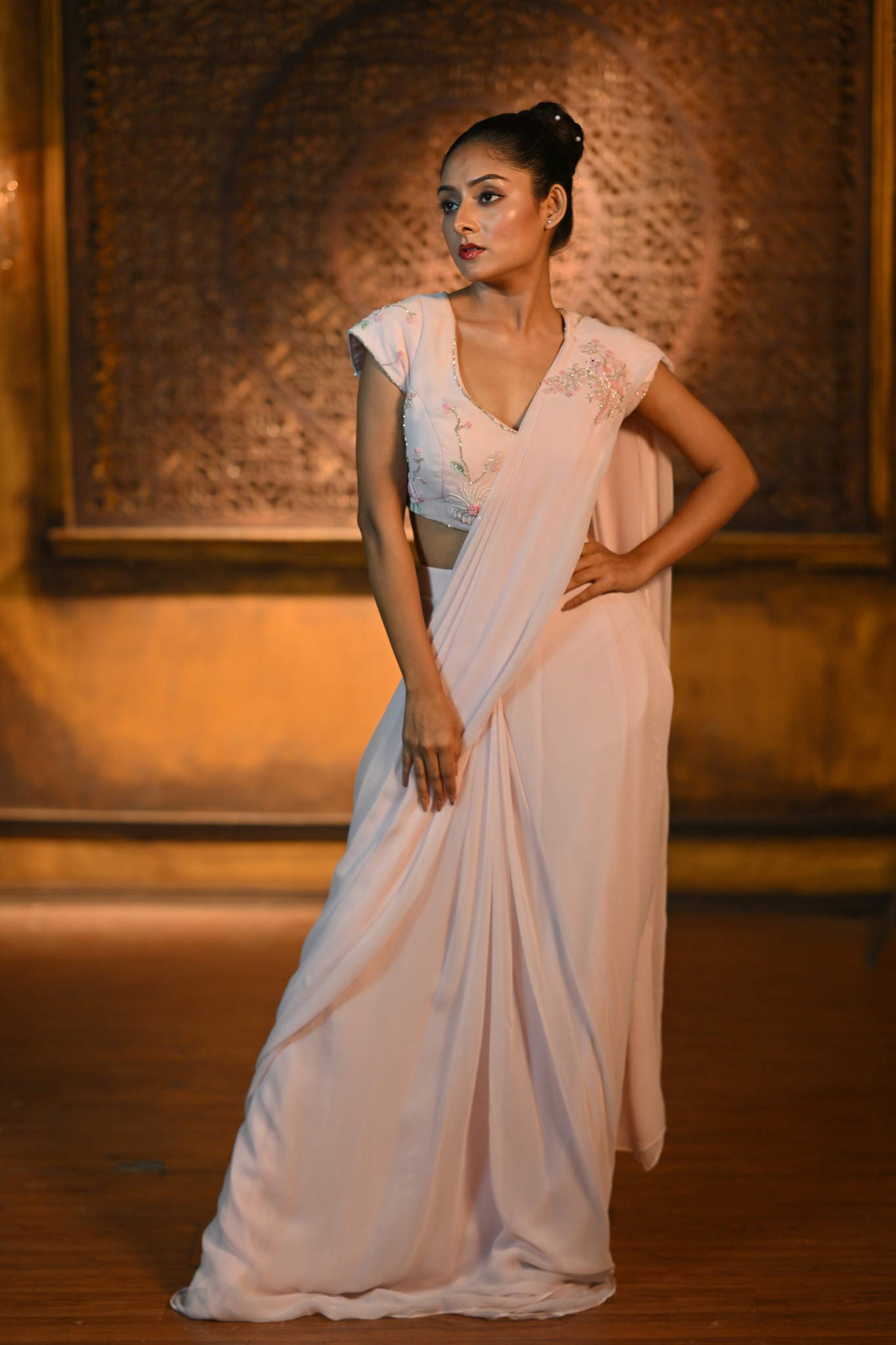 BABY PINK DRAPE SAREE WITH EMBROIDERED BLOUSE (Customize Request)