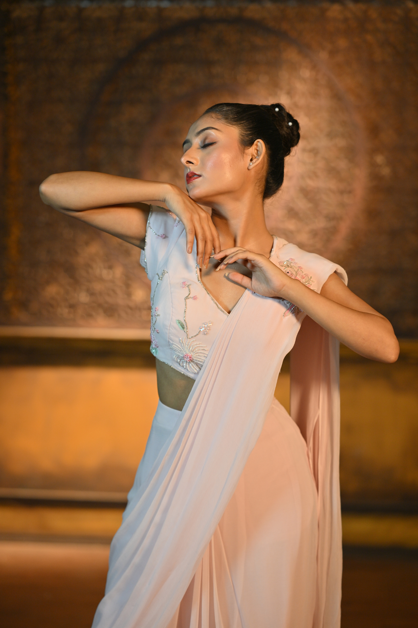 BABY PINK DRAPE SAREE WITH EMBROIDERED BLOUSE (Customize Request)