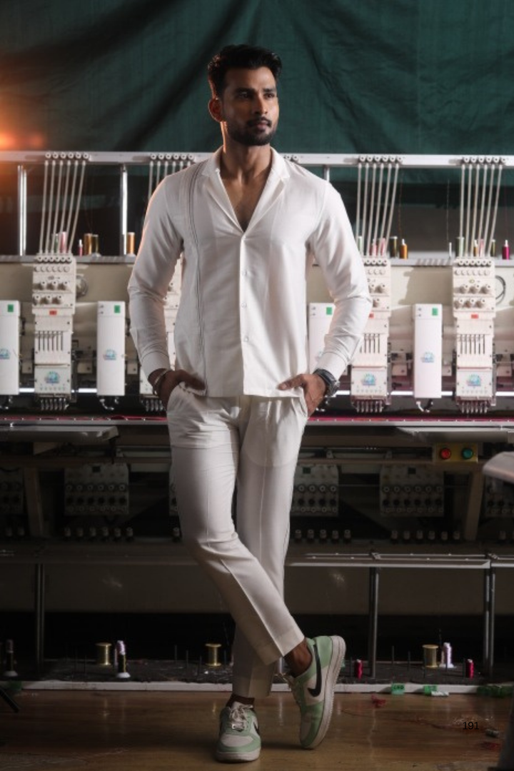 White Silk Katan Men’s Co-ord Set with Thread Embroidery
