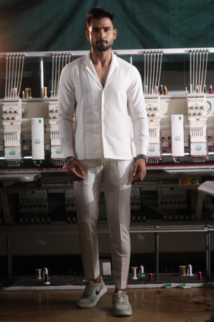 White Silk Katan Men’s Co-ord Set with Thread Embroidery